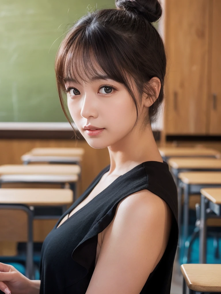 (masterpiece:1.3)、Super detailed finish、(High resolution、8k:1.3)、highest quality、(Super realistic like a photo:1.3), The face is in focus, ultra high definition face、Face is in focus、Ultra high definition and beautiful eyes、(focused eyes:1.3)、(Eyes are symmetrical:1.3)、High-definition and beautiful skin、firm skin、natural makeup、gross lip, Ultra high definition hair texture、Japanese high school girl、、very cute, half updo:1.2, small breast, (uniform、white shirt:1.3), (classroom), (very embarrassed:1.3), blush:1.3, (arms behind:1.2), Mr.々shooting angle:1.3, (looking at viewer:1.3), cleavage