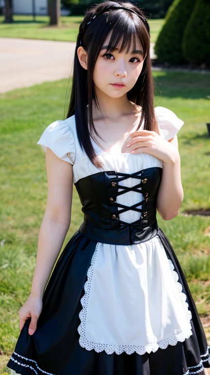 ((masterpiece)), ((highest quality、Ultra high definition)), (Very detailed),8K、(Photo quality)、(((Amazingly cute girl))), , (Beautiful emerald blue eyes), ((smile)),Glossy lips、In the open-air bath overlooking the sea, Beautifully arranged black hair in twin tails、Lace fabric ribbon、whole body、(Slim figure)、((Super high-end white see-through summer gothic lolita maid costA super mini skirt with lots of frills))、Professional Lighting、(White lace knee-highore detailed and beautiful)、(More details and cutenesore realistic)、White panties are visible、((Ultimate cuteness in every way))、