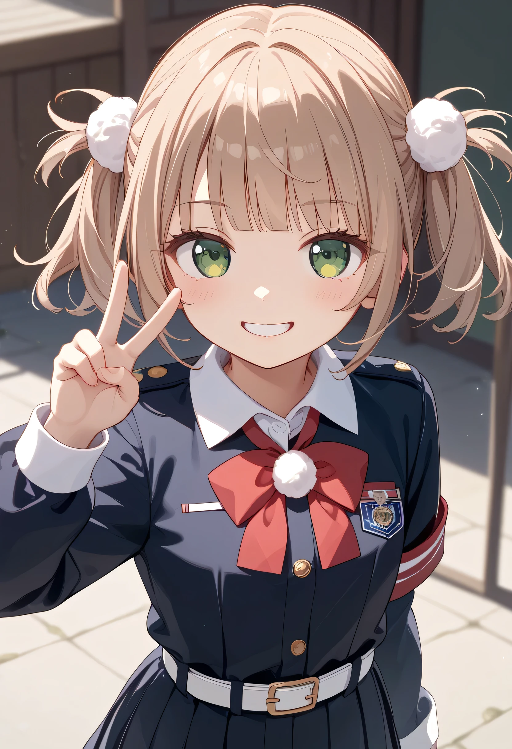  BREAK uniform 、 red bow on chest、Collared shirt、 white t-shirt、 Long Sleeve、belt、 black dress、 sleeveless dress 、 Pleated Dress 、 pinaphore dress 、 thin eyebrows in boots 、 knee-high、 white socks、 black footwear 、Indoor shoes 、 short hair、 light brown hair 、 Twin Tails、 pompom hair ornament、 hair intake 、bangs、 Green Eye、 Ishigame cartoon style 、Cartney 、smile、 peace sign the viewer、( Portrait Shot 、 upper body)