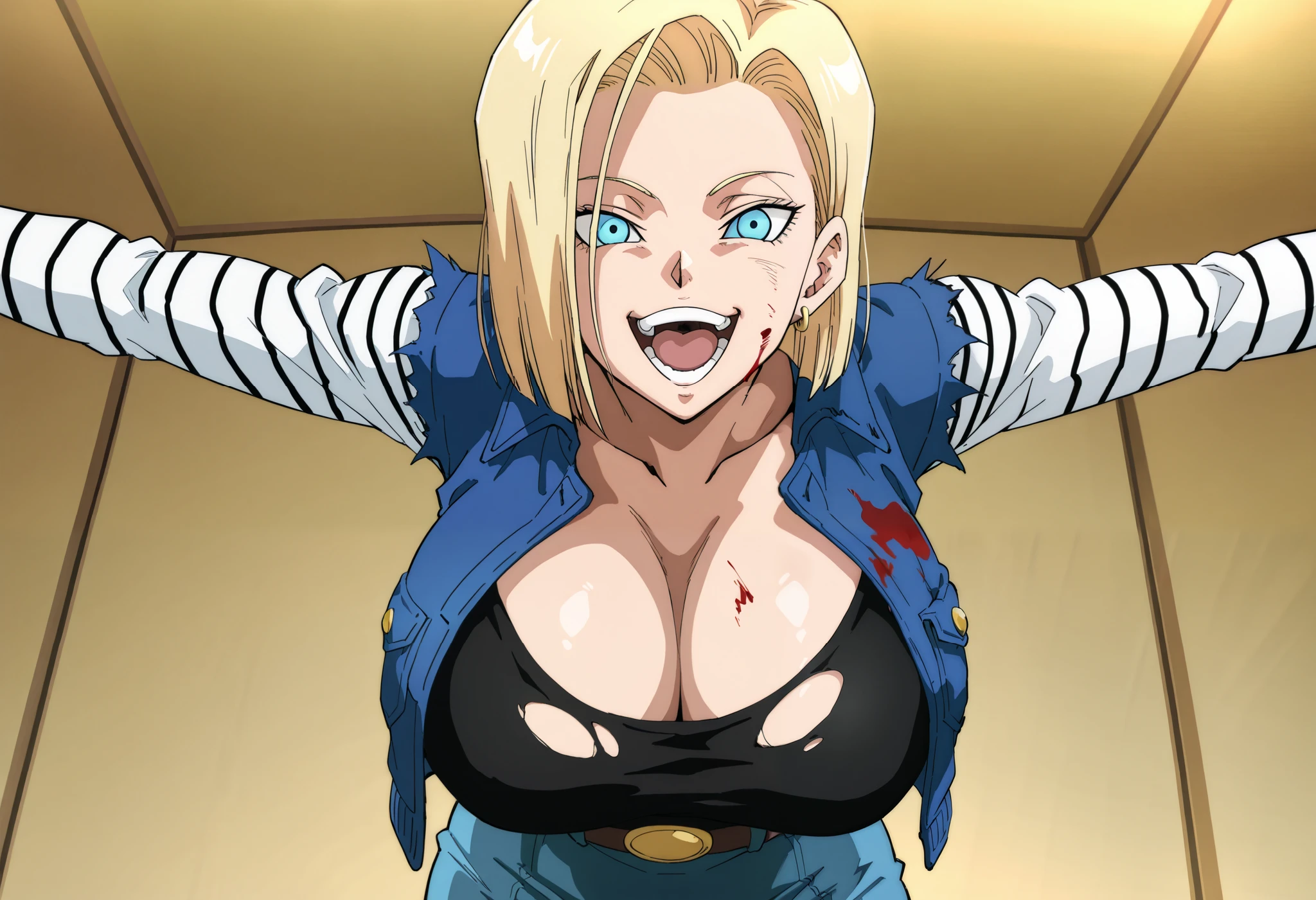 gojoendef, {{{android 18,dragon ball z}}},{{{style: iwao178,urakan}}},{{{cel shading,official art,masterpiece, best quality}}},{{{sidelighting,upper body,{{{leaning forward}}}, {{{mature woman,1girl,solo,huge breasts,narrow waist,huge breasts}}},crazy eyes, crazy smile,
looking at viewer, smile, open mouth, upper body, teeth, tongue, blood, outstretched arms, blood on face, blood on clothes,
1girl, solo, anime screencap, anime coloring, torn outfit,torn clothes,
{{black shirt,white sleeves,striped sleeves,blue jacket,collared jacket,blue skirt}},intense manga effect,speed lines,