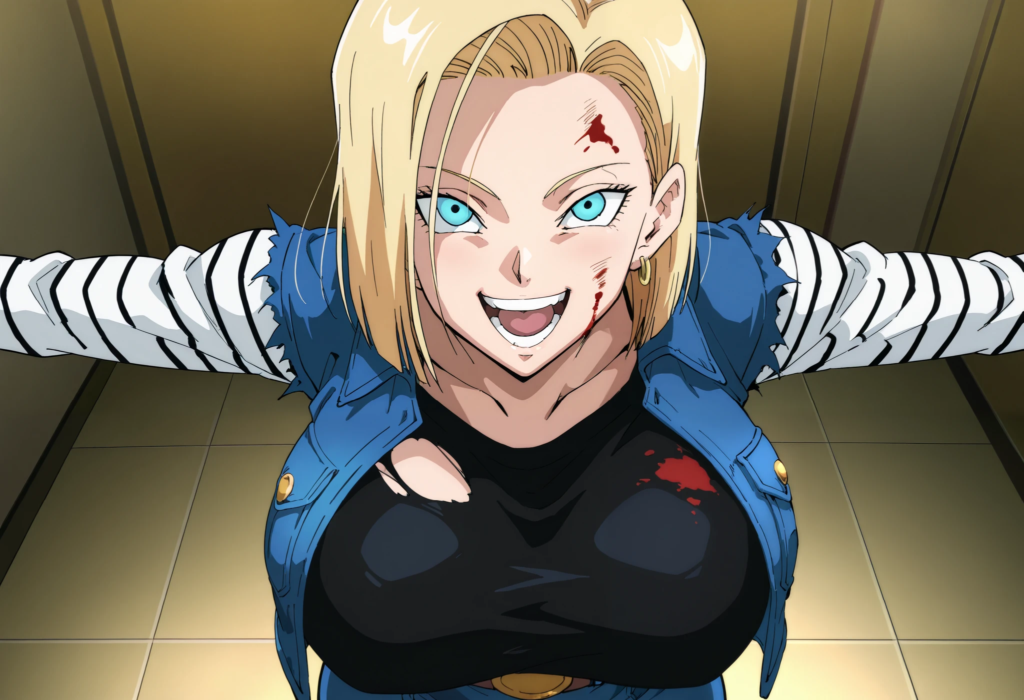 gojoendef, {{{android 18,dragon ball z}}},{{{style: iwao178,urakan}}},{{{cel shading,official art,masterpiece, best quality}}},{{{sidelighting,upper body,{{{leaning forward}}}, {{{mature woman,1girl,solo,huge breasts,narrow waist,huge breasts}}},crazy eyes, crazy smile,
looking at viewer, smile, open mouth, upper body, teeth, tongue, blood, outstretched arms, blood on face, blood on clothes,
1girl, solo, anime screencap, anime coloring, torn outfit,torn clothes,
{{black shirt,white sleeves,striped sleeves,blue jacket,collared jacket,blue skirt}},intense manga effect,speed lines,