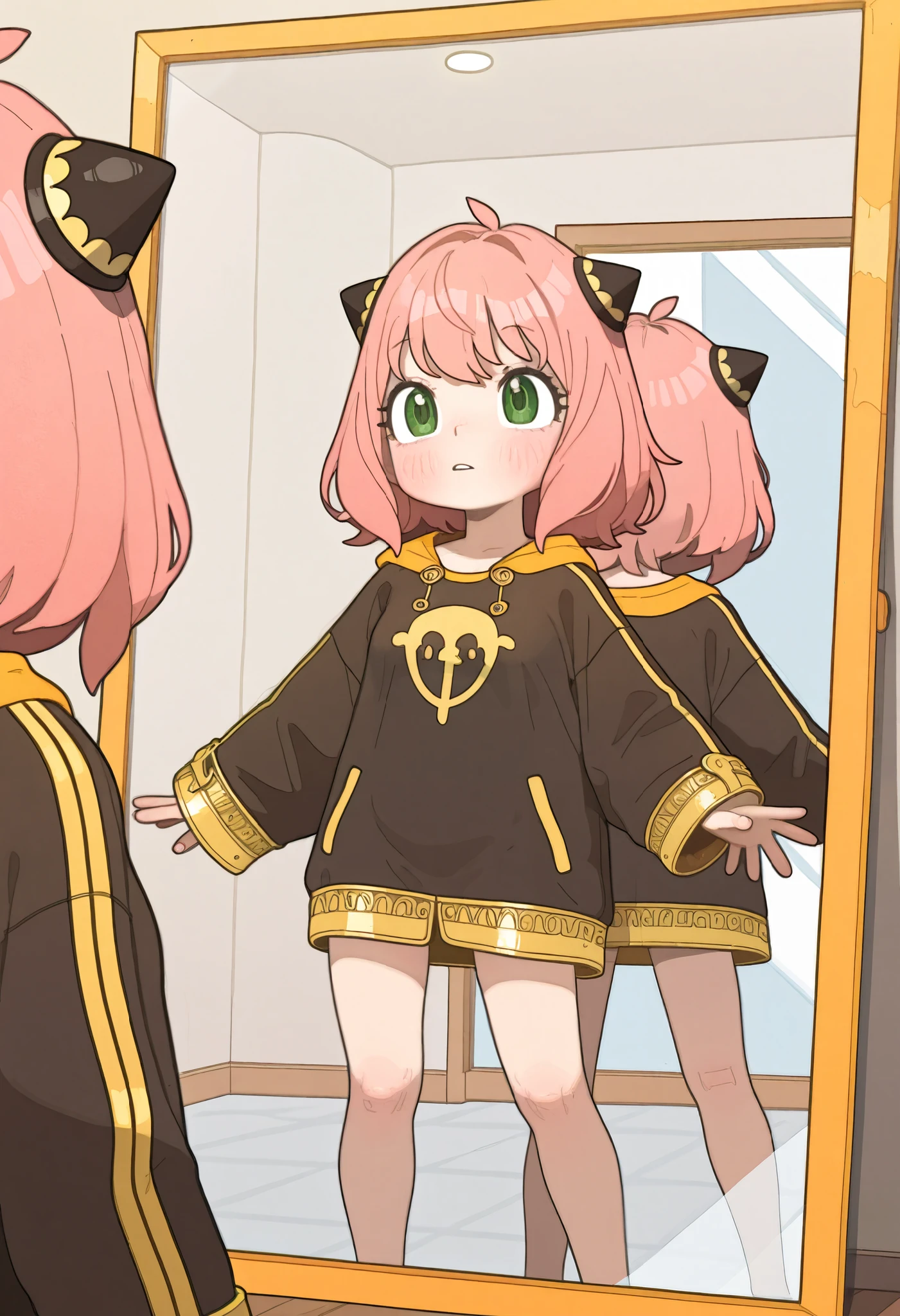  alone, indoor, , (to_OF), Anya Forger, female character from the anime "Spy x Family", pink hair, light clothes, small breasts, oversized jacket, legs, face, Showing off in the mirror, Opossumachine