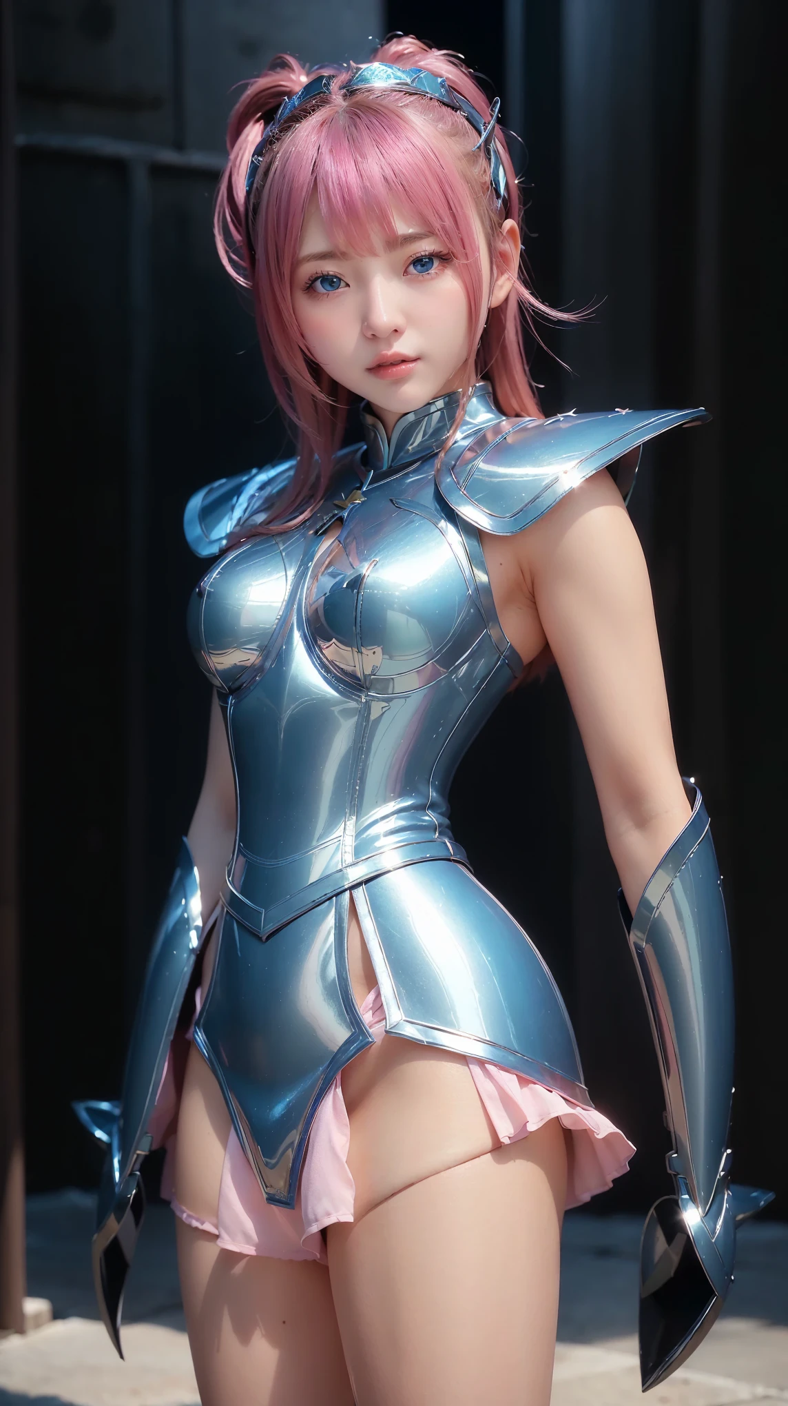 (Professional top quality photography:1.3), (Full-scale live-action adaptation of anime footage:1.2), pink hair, (Equipped with shiny futuristic combat uniform:1.2), metallic blue ceramic armor, beautiful girl, big breasts, bust sharp hocus, (perfect tits),