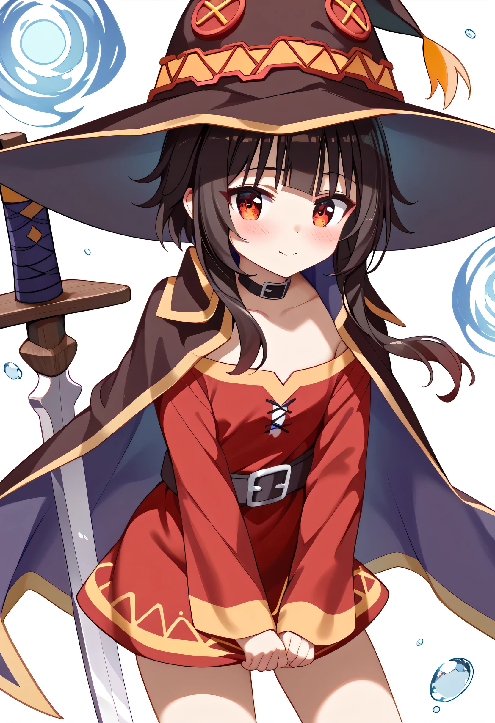 Anime Girl Wearing a Sword and a Witch with a Sword Hat、Megumin、 Megumin、Half Summoner 、Megumin 、 Flirty Anime Witch Casting Magic 、 Ayaka Genshin Impact 、konosuba anime style、 anime style 4k、 anime moe art style 、 cute girl anime visual、Black-haired mage