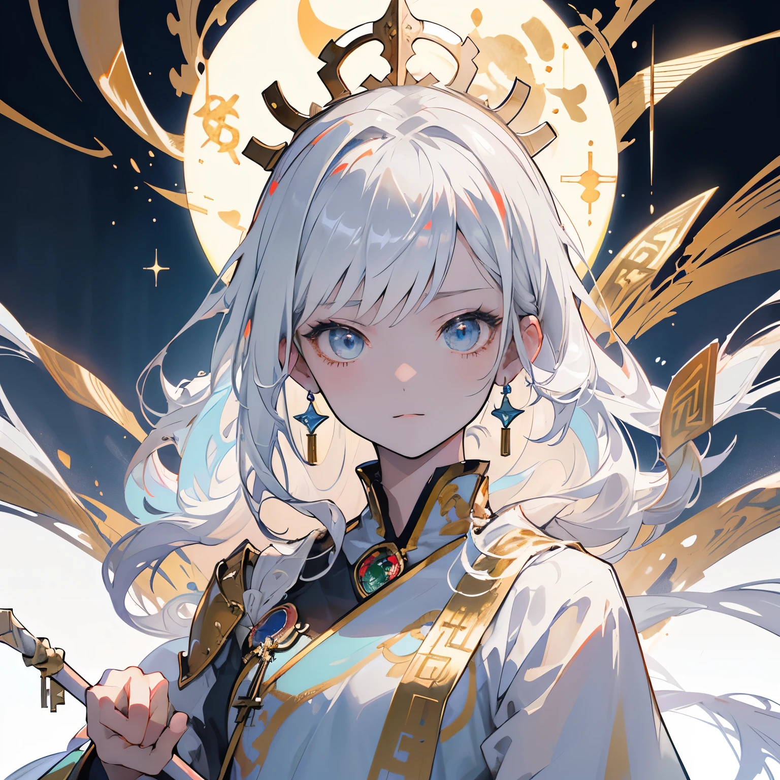 (masuter piece,Best Quality,Ultra-detailed), (A detailed face), Movie Posters, hight resolution, 1girl in, (Lucy), (cyberpunked), white  hair, (White hair with bangs), (bob cuts), Two-tone hair, Gold Eye, white  clothes, The upper part of the body, (Beautiful Detail Eye: 1.1), (Detailed hand), (Detail light: 1.1), Film Light, light skinned, (looking at the viewers), (magazine:1.3), (cover-style:1.3), Fashionable, Tarot Boundary, border, Alfonse Mucha