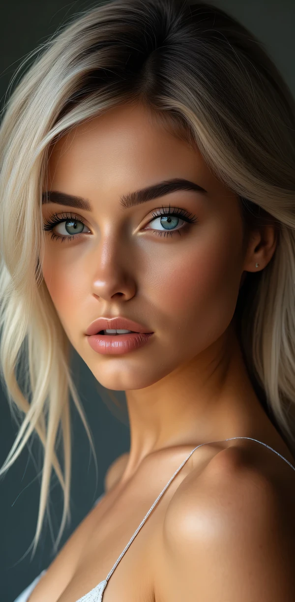Hyperrealistic female model:
by:
- Color: Dark blonde with silver highlights (#B1B1B1)
- Texture: seeds, with a touch of glitter
- Length : to the waist
- Style : Styled to one side , with a touch of elegance
Eyes :
- Color: Deep blue with green reflections (#032B44)
- Shape: Almond-shaped, tilted
- Size : big, toning
- : Long, Thick
:
- Color: pale, with a warm tone (# f5f5f5 )
- Texture: suave, plain
- Expressive : uniforme, without imperfections
Lips :
- Color: light pink (#FFC5C5)
- Shape: Fleshy, sensual,
- Voluptuous size : medium, provided
Body :
- Silhouette: slim, toned
- Height : 1.75 m ( approximately )
- Weight: 50 kg ( approximately )
- Proportions : Pronounced hips and breasts , defined waist
Face :
- Shape: Oval, soft
- : high cheekbones, small nose, defined eyebrows