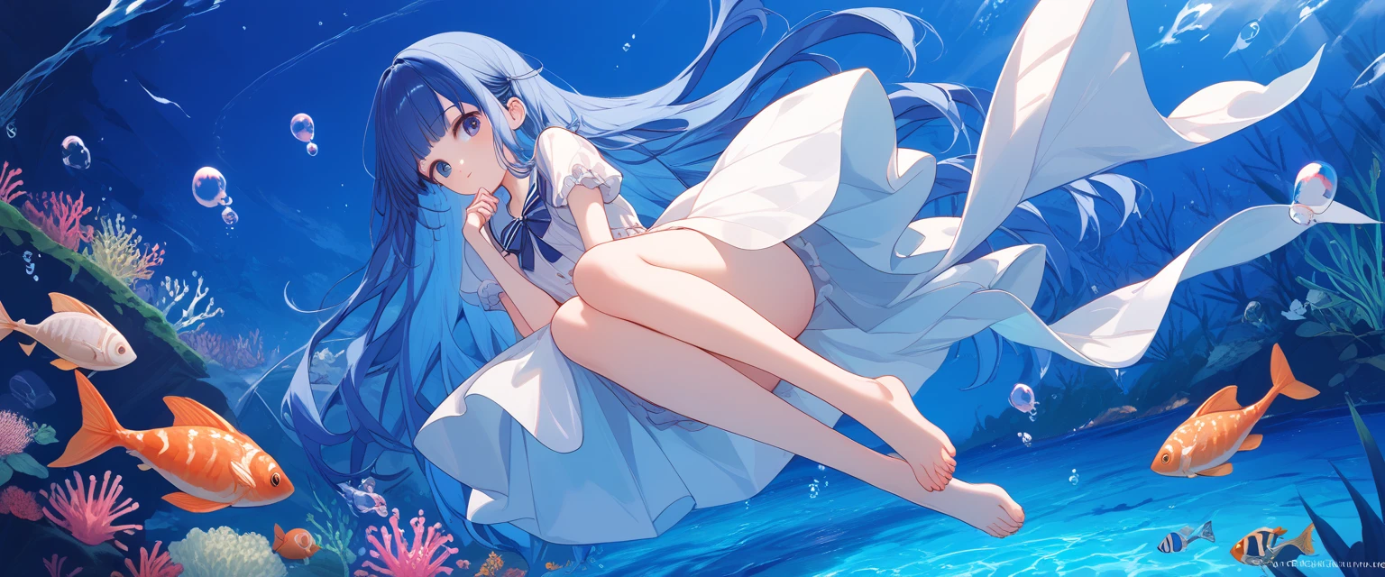 ((2D Beautiful Girl、top-quality、perfect fingers:1.1、perfect anatomia:1.1、Perfect outfit、face perfect:1.1、Beautiful illustration))、(transform sequence)、((cute decorative headband、White and light blue swimsuit)、14years、Solio、hime、Fractal Art、baby-face、((stright long hair))、(Slender and beautiful legs)、Beautiful big drooping eyes、(full body photographed:1.1、Zoom out and shoot)、((1人))、Blue sky and sea background、cat ear、a smile