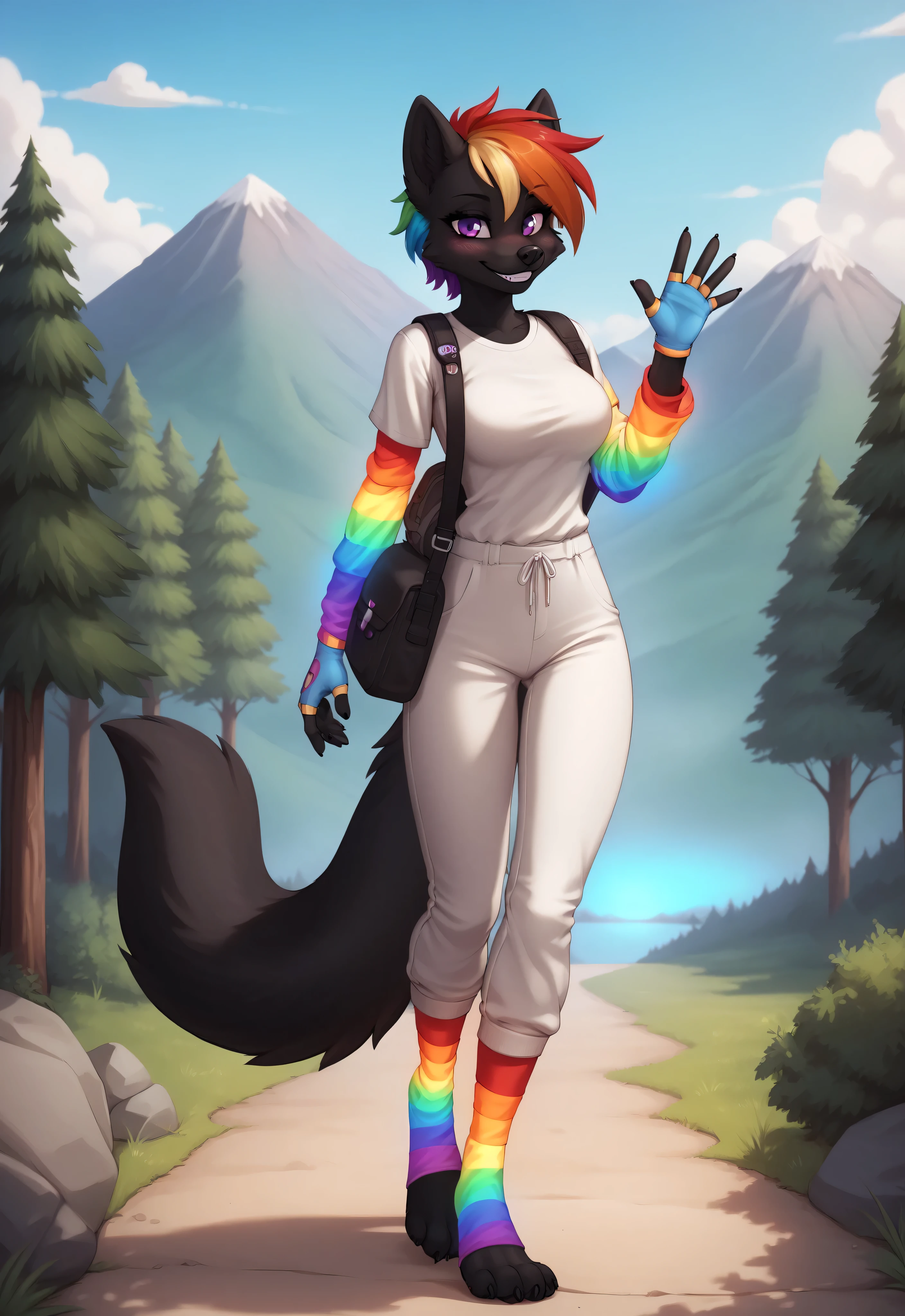 (4K HD Quality), score_9_up, score_8_up, score_6_up, anthro, solo, 1girl, furry, black fox, black body, black fur, rainbow hair, short hair, purple eyes, black fox tail, medium large breasts,
((glowing gloves), (rainbow sleeves gloves), (fingerless gloves)),
((glowing socks), (rainbow thigh high socks), (toeless socks)),
blush, perfect teeth smile, looking at view, full body,
white shirt, white pants, long pants,
day, forest, mountain, natural view, waving, hiking, hiking bag,