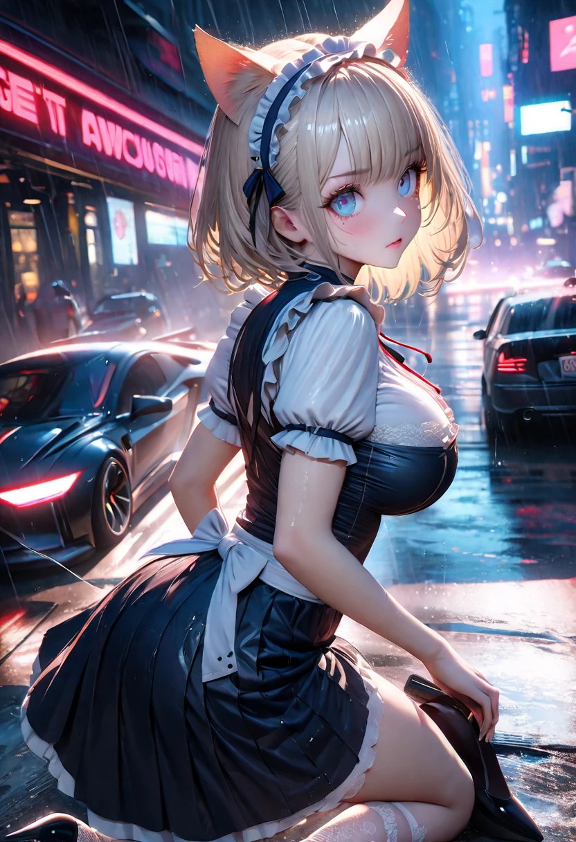 (masterpiece:1.3), (8K、best quality:1.3), Highest image quality, intricate details, high resolution, depth field, Natural light, professional lighting, (1 girl), (solo), gravure, (A very beautiful 18 year old British girl), (very beautiful:1.3), (very cute face:1.3), (Beautiful face with perfect symmetry), (high detail skin: 1.2), Photorealistic anime girl rendering, Realistic anime 3D style, beautiful platinum blonde hair, bob cut, crossed bangs, asymmetrical bangs, eyelashes, intense red eyes, strong eye highlights, (awesome cat ears:1.3), very big breasts, perfect anatomy, (beautiful platinum blonde hairのミドルウェーブヘア), (beautiful blue eyes, Beautiful eyelashes、realistic eyes)), dynamic angle, ((perfect anatomy)), ((english maid, white frilled maid headband, ruffle blouse, ribbon tie, apron, navy blue skirt, silk socks, high heels)), ((silk lace panties, shiny thighs)), (Looking back, look up at the camera), it's raining, my body gets wet from the rain, Decadent and futuristic urban area in the evening, (cyberpunk city), (futuristic car, flashing red light), (lightning is shining), volume lighting, soft light, Bright colors, watercolor painting, bright colors, Create digital artwork in pop art style