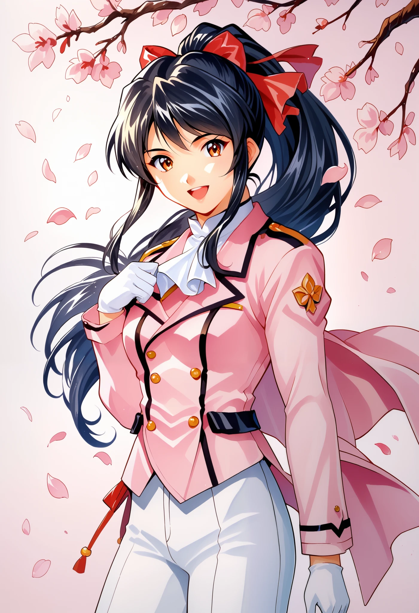 Shinguji Sakura,1girl,solo,cowboy shot,smile,open mouth,looking at viewer,BREAK,black hair,high ponytail,hair ribbon,red ribbon,red bow,ponytail,white pants,uniform,military uniform,pink jacket,white gloves,white ascot,cherry blossoms,traditional media,gloves,long hair,bow,hair bow,pants,brown eyes,ascot,ribbon,petals,BREAK,score_9,score_8_up,BREAK,pee