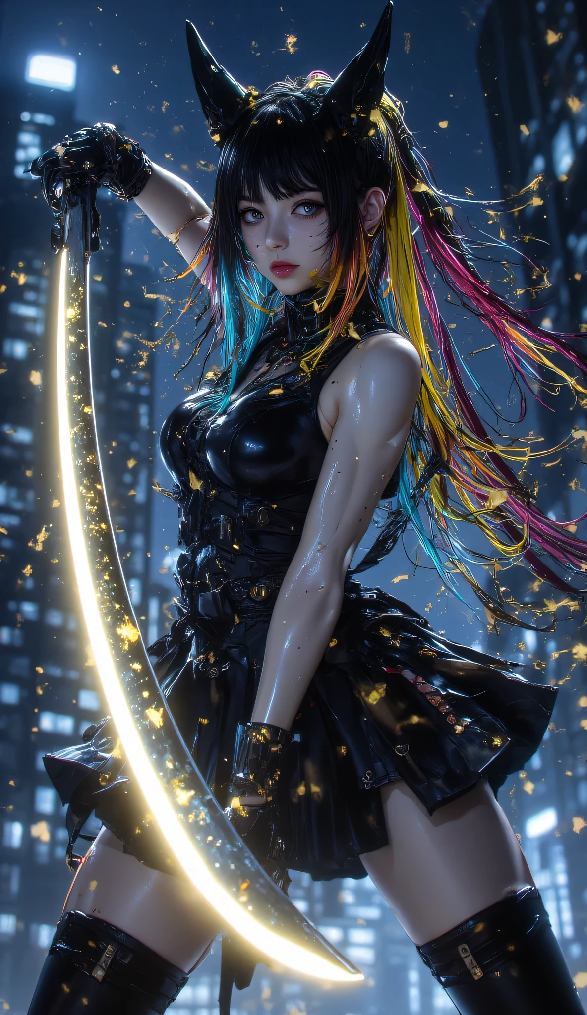 masterpiece, best quality, from below, full body, ((glowing ))(((((Death Claymore Sword))))), A girl with (((colorful hair, black hair, blue hair, yellow hair, red hair))) holding a big ((((sword)))), wearing black body suit, mini skirt, with belt, with black belt ,(((dark night blue cityscape))) on background,(((gold dust floating))), ((blood spatter)), (cut out),bare sholder, ((legs apart)), latex, glossy, best quality, masterpiece, illustration, beautiful detailed eyes, ultra-detailed, depth of field, dynamic angle, an extremely delicate and beautifully, extremely detailed CG unity,