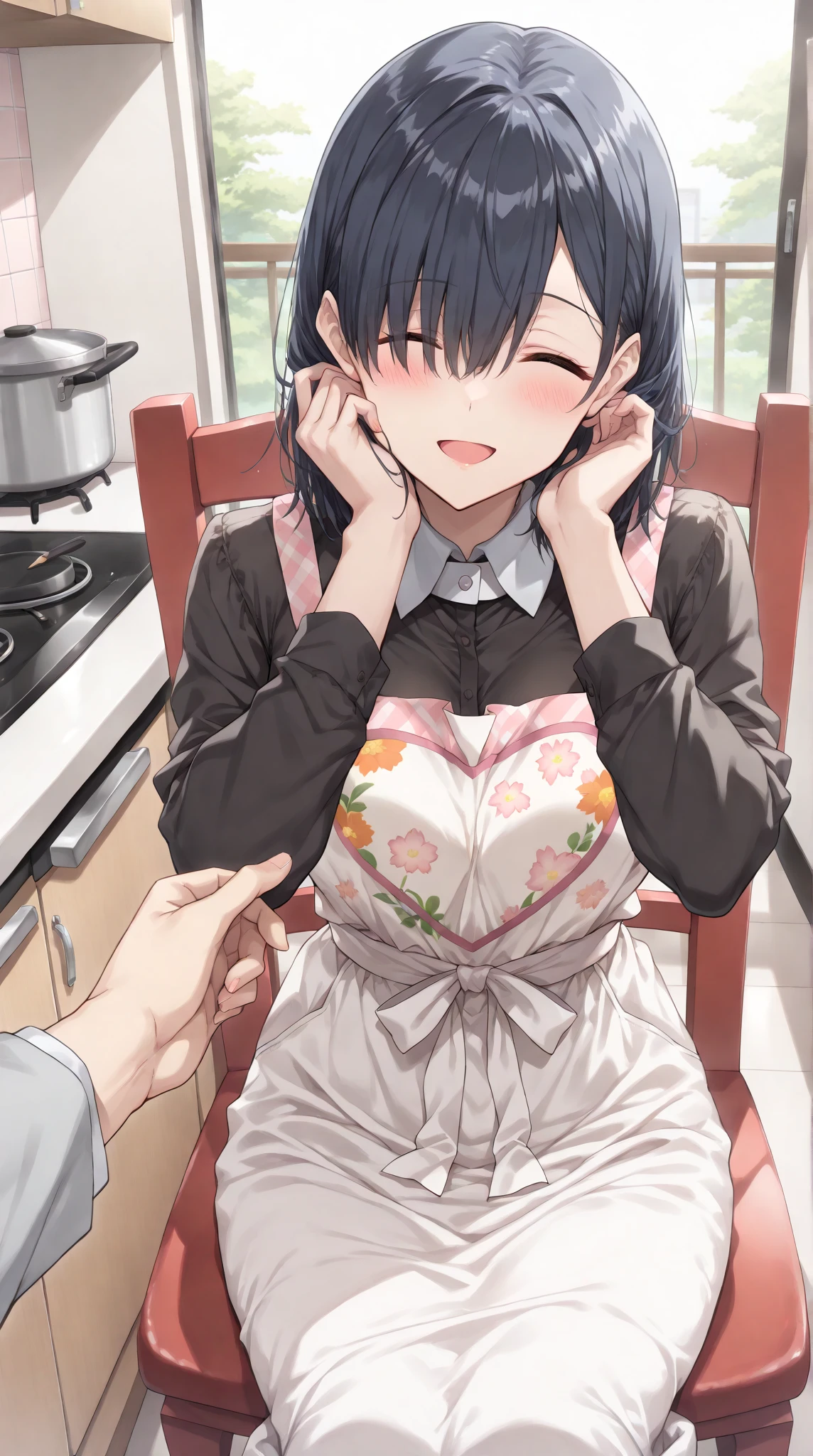 NSFW,(((1girl,1boy,))),Highest quality, (masterpiece:1.2), Very detailed,
indoor, Bookshelf,
takasago tomoe,
, Looking at the audience, Open your mouth, smile,
Black Hair, Long Hair, blue eyes,
Black shorts, Collared shirt, Short sleeve, Green Shirt, Striped, Brown apron,white lace panties,