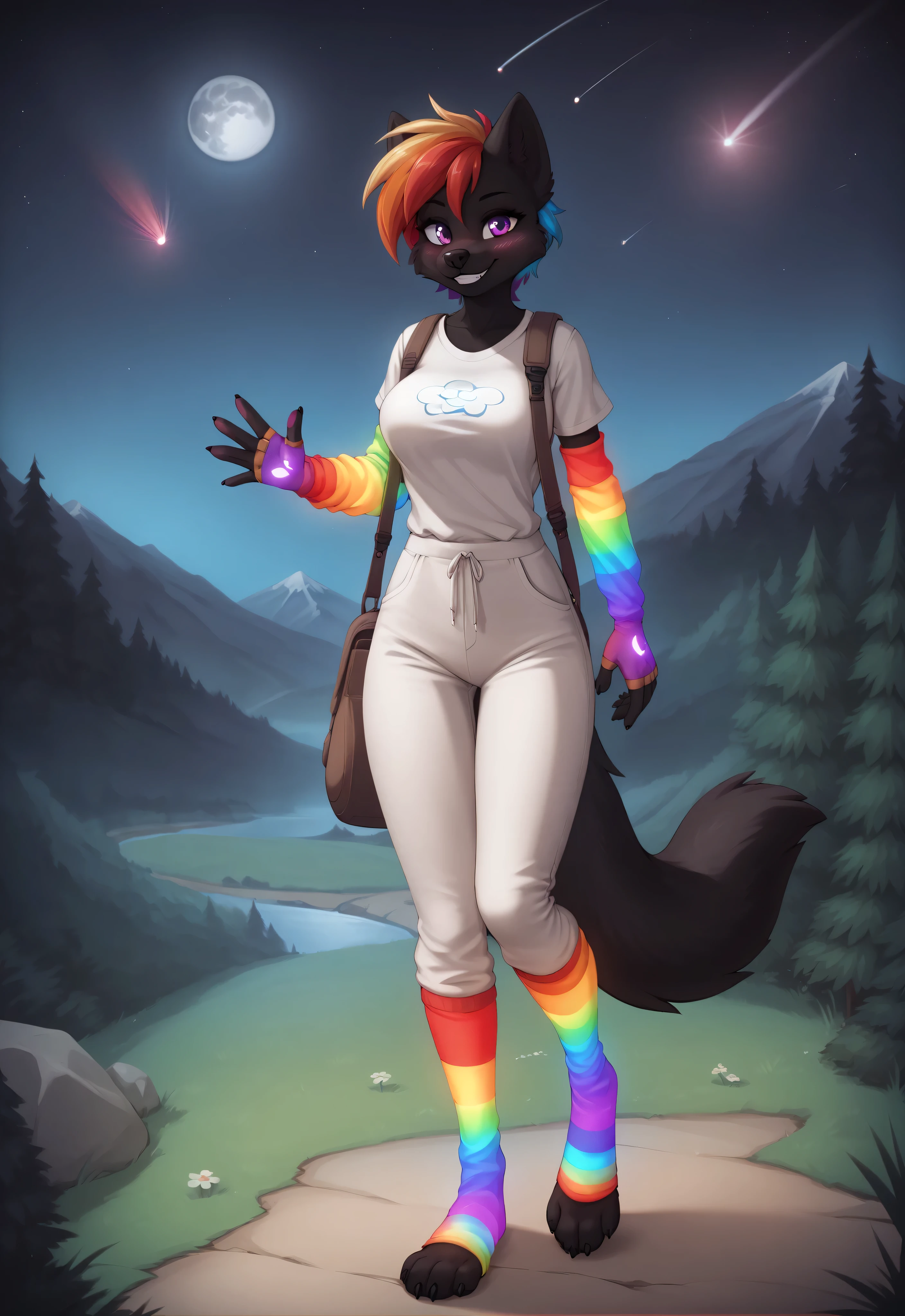 (4K HD Quality), score_9_up, score_8_up, score_6_up, anthro, solo, 1girl, furry, black fox, black body, black fur, rainbow hair, short hair, purple eyes, black fox tail, medium large breasts,
((glowing gloves), (rainbow sleeves gloves), (fingerless gloves)),
((glowing socks), (rainbow thigh high socks), (toeless socks)),
blush, perfect teeth smile, looking at view, full body,
white shirt, white pants, long pants,
night, moon, shooting star, forest, mountain, natural view, waving, hiking, hiking bag,