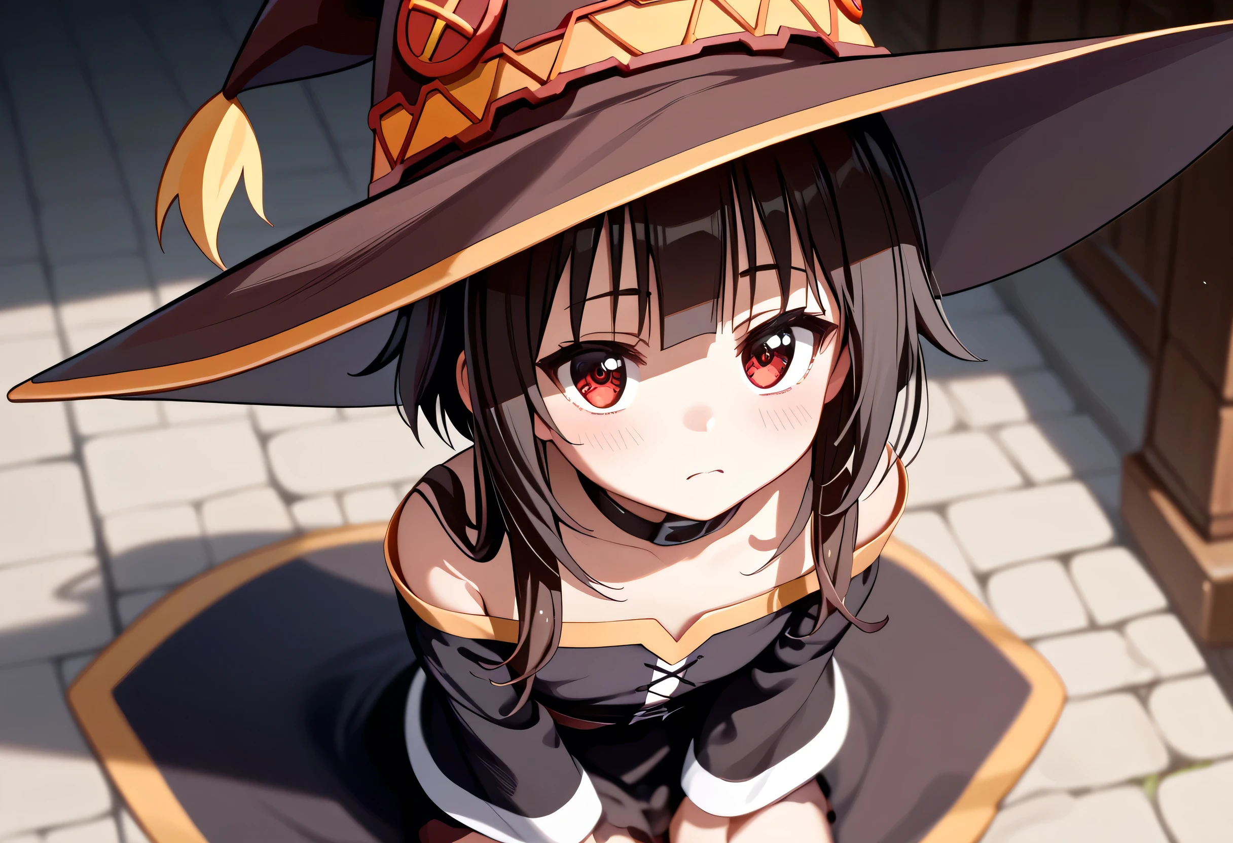 anime girl wearing a witch hat、Megumin、 Flirty Anime Witch Casting Magic 、Konosuba anime style、 anime style 4k、 anime moe art style 、 cute girl anime visual、Black Haired Mage , looks up、Viewer view from above、