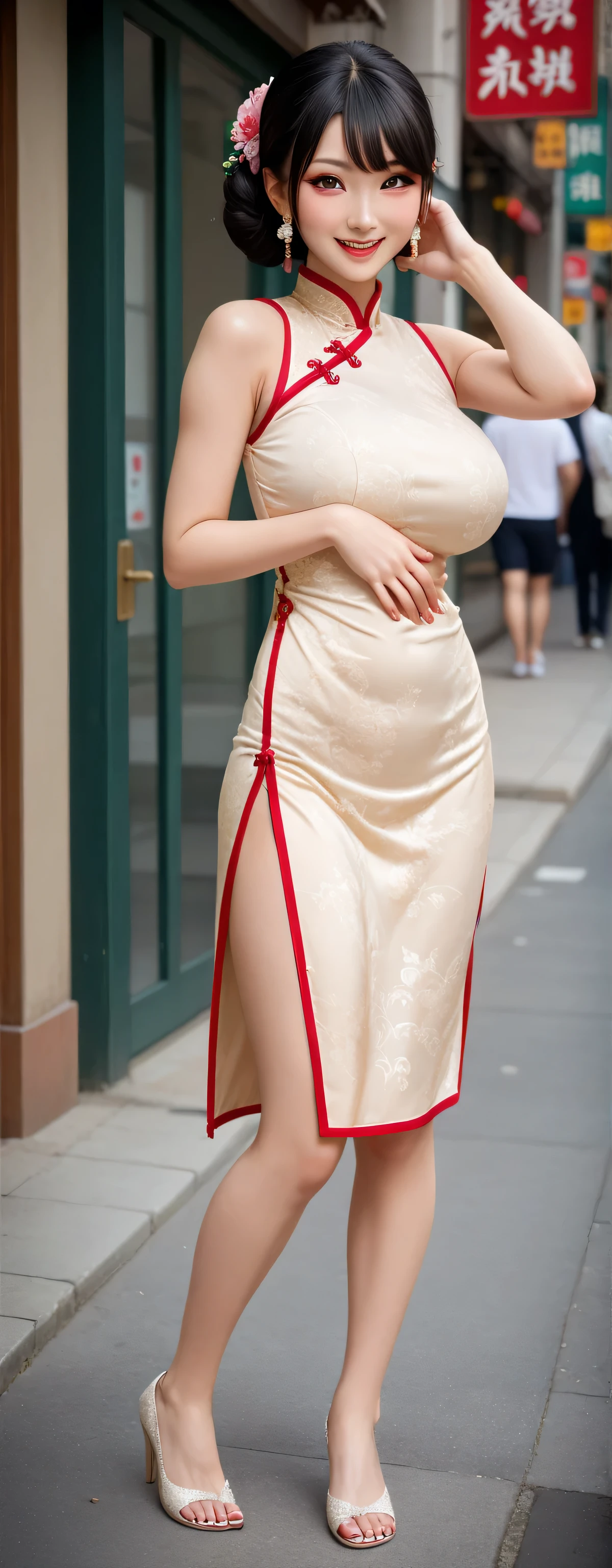 (16k wallpaper, masutepiece, Best Quality, Ultra-detailed, Highly detailed realistic photos, Beautiful detailed eyes, Solo, curby, qipao dress, chinese clothes, thighs thighs thighs thighs, Voluptuous, Chinatown), Ultra High Resolution, Fine skin、Sexy, 20 years old, Smile, Beautiful Girl