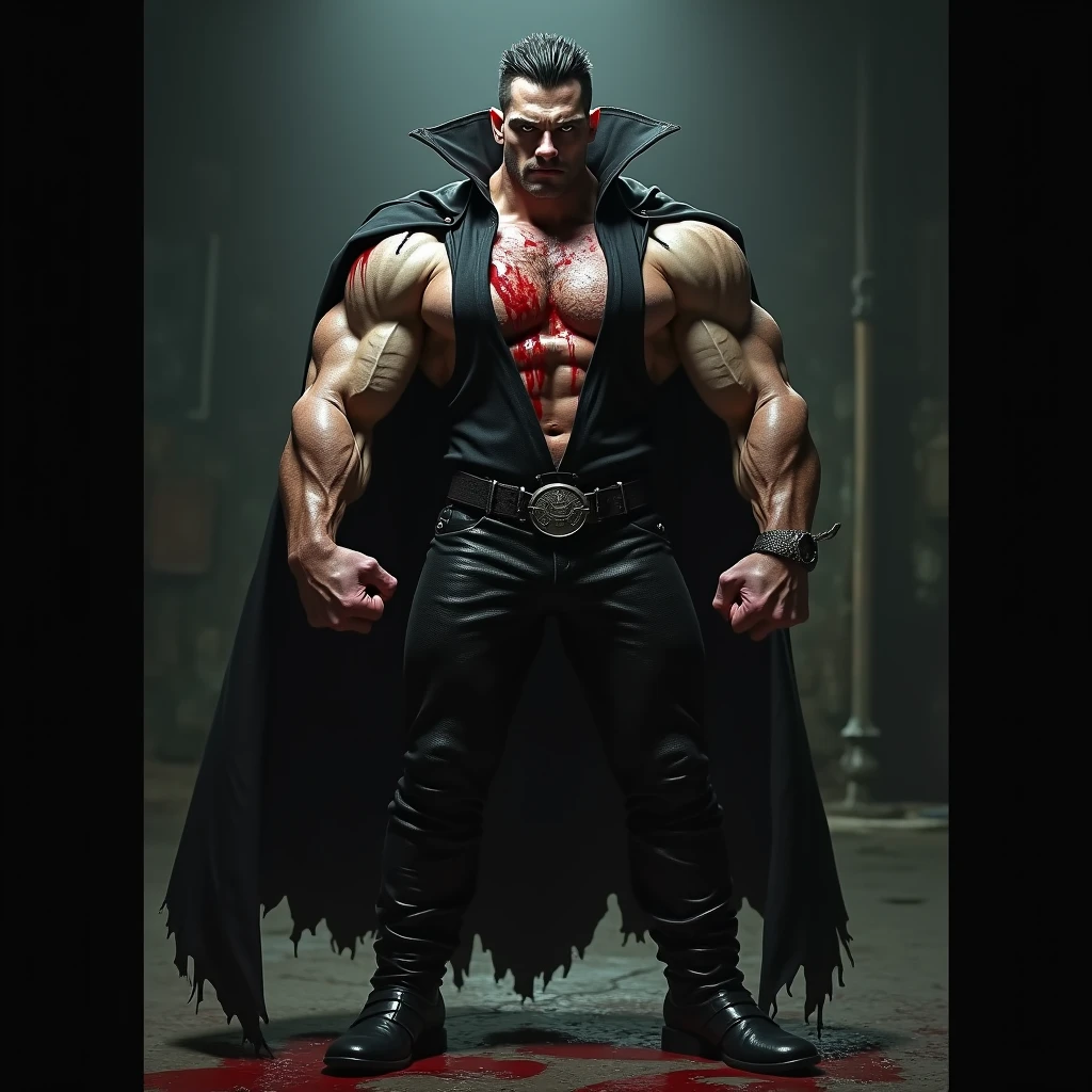 Vampire with tank top bloody , tight leather pants,. black boots, biceps, vampire teeth, mouth open wide with bloody vampire teeth, bulge,., pack,nasty face public hair is pumping out. Hairy , flat six-pack, biceps, sweat, big . Full body. ,.low waist pants 