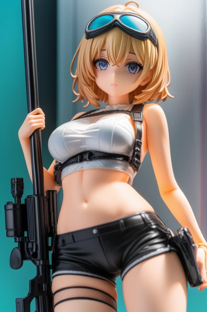 Imperial Guard Combat Uniform Swimsuit, o-ring bikini, v gundam, swimsuit, absurdres, highres, solo, cowboy shot, 1girl, neneka nibrou \(cosplay\), wristband, headphone, holster, backpack, holding gun, aiming, perfect hands, wind, huge breast, large breast, 1GIRL, BLONDE HAIR, LOW TWINTAILS, LONG HAIR, BLUE EYES, BANGS, MITSUBA1