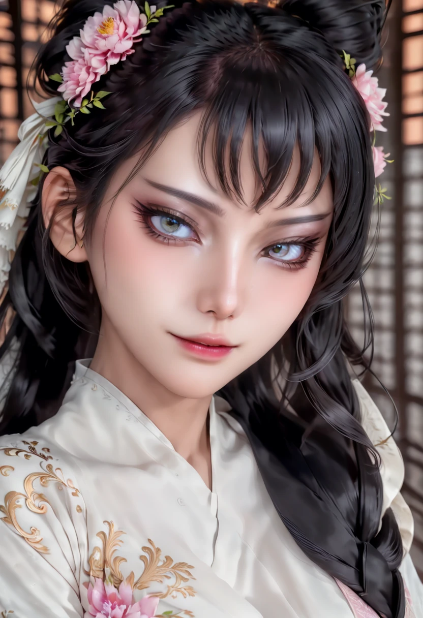 evil anime human woman. half-up long black hair. fair skin. purple eyes. gigantic boobs. Wuxia clothes. snowflake necklace. mauve smirking lips. Realism style. 3D anime model style. CGI animation. Wuxia style. Garden background.