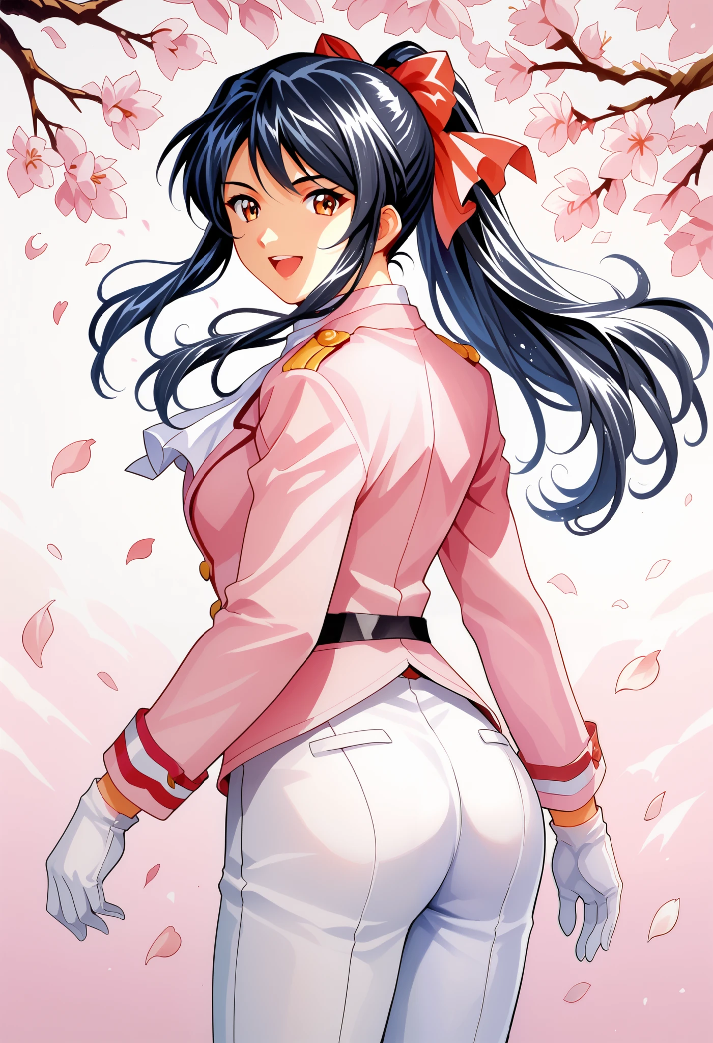 Shinguji Sakura,1girl,solo,cowboy shot,smile,open mouth,looking at viewer,back view,focus ass,BREAK,black hair,high ponytail,hair ribbon,red ribbon,red bow,ponytail,white pants,uniform,military uniform,pink jacket,white gloves,white ascot,cherry blossoms,traditional media,gloves,long hair,bow,hair bow,pants,brown eyes,ascot,ribbon,petals,BREAK,score_9,score_8_up,BREAK,