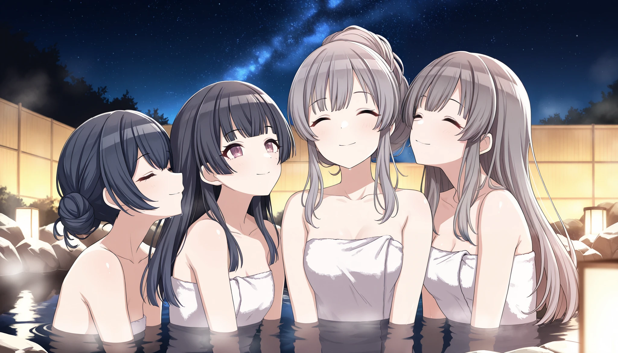masterpiece, best quality, highres, newest, scenary, shiny skin,
shanimas, idolmaster shiny colors,
3girls:1.5, yuri,
rinze, fuyuko, kiriko,
outdoors, night, starry sky, naked towel, onsen, partially submerged, steam, smile, closed eyes, looking up, moonlight, dark theme, high contrast, reflection, cinematic lighting