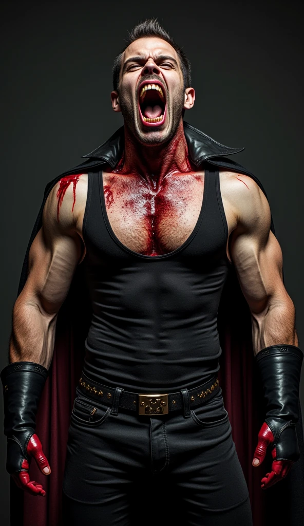 Vampire with tank top bloody , tight leather pants,. black boots, biceps, vampire teeth, mouth open wide with bloody vampire teeth, bulge,., pack,nasty face public hair is pumping out. Hairy , flat six-pack, biceps, sweat, big . Full body. ,.low waist pants 