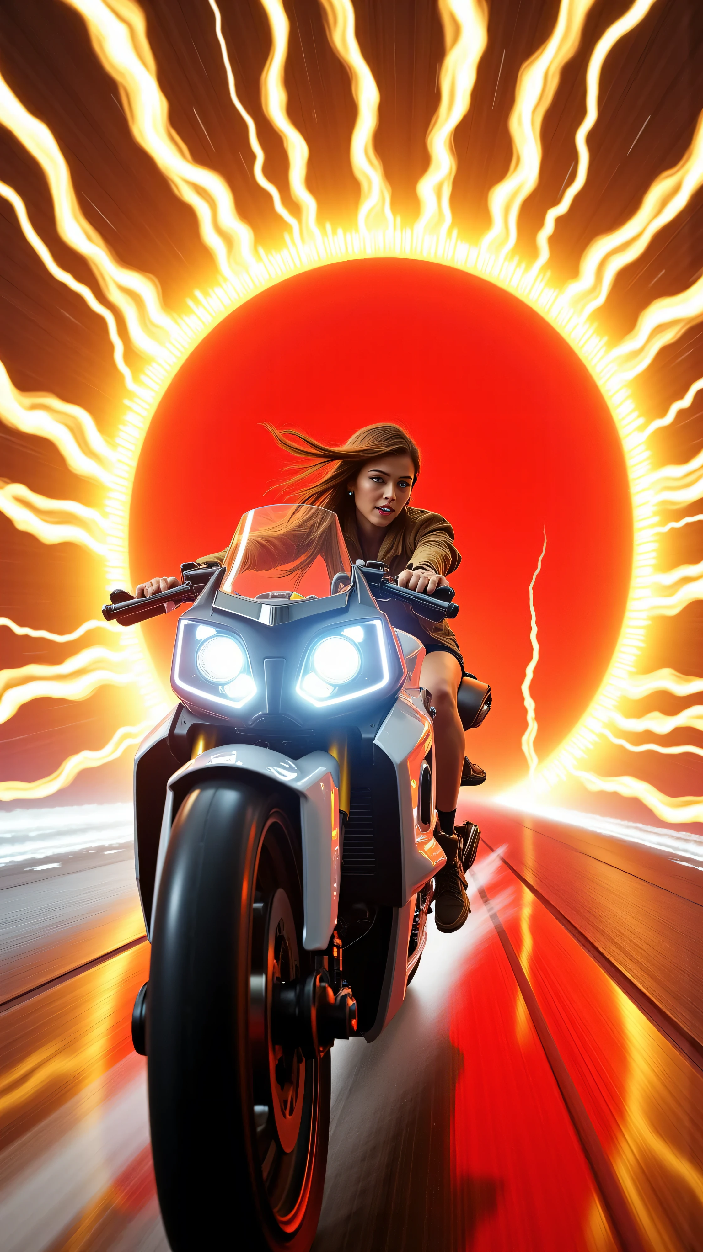 "Inside the vast, infinite tunnel of time, the woman races forward, her sleek futuristic motorcycle cutting through the glowing passage. The tunnel’s walls are bathed in a pure white light, but ahead, the tunnel opens up to a radiant, fiery red that draws the eye toward the horizon. Behind her, the sun itself looms large, its intense rays stretching out like spokes of light, radiating in all directions. The light from the sun forms the very fabric of time, with golden beams that stretch forward, creating lines of energy that warp and bend around her. These sunlit rays illuminate the path ahead, symbolizing the flow of time as they push her forward with relentless force. Her long hair billows behind her, caught in the rush of wind, as she tilts her head slightly back, embracing the warmth of the light. Her eyes are focused, and her expression reflects the thrill of being carried by the flow of time itself. The motorcycle hums with power, moving in perfect harmony with the force of the sun’s light, while the red glow at the end of the tunnel grows closer, drawing her deeper into the vortex of time."