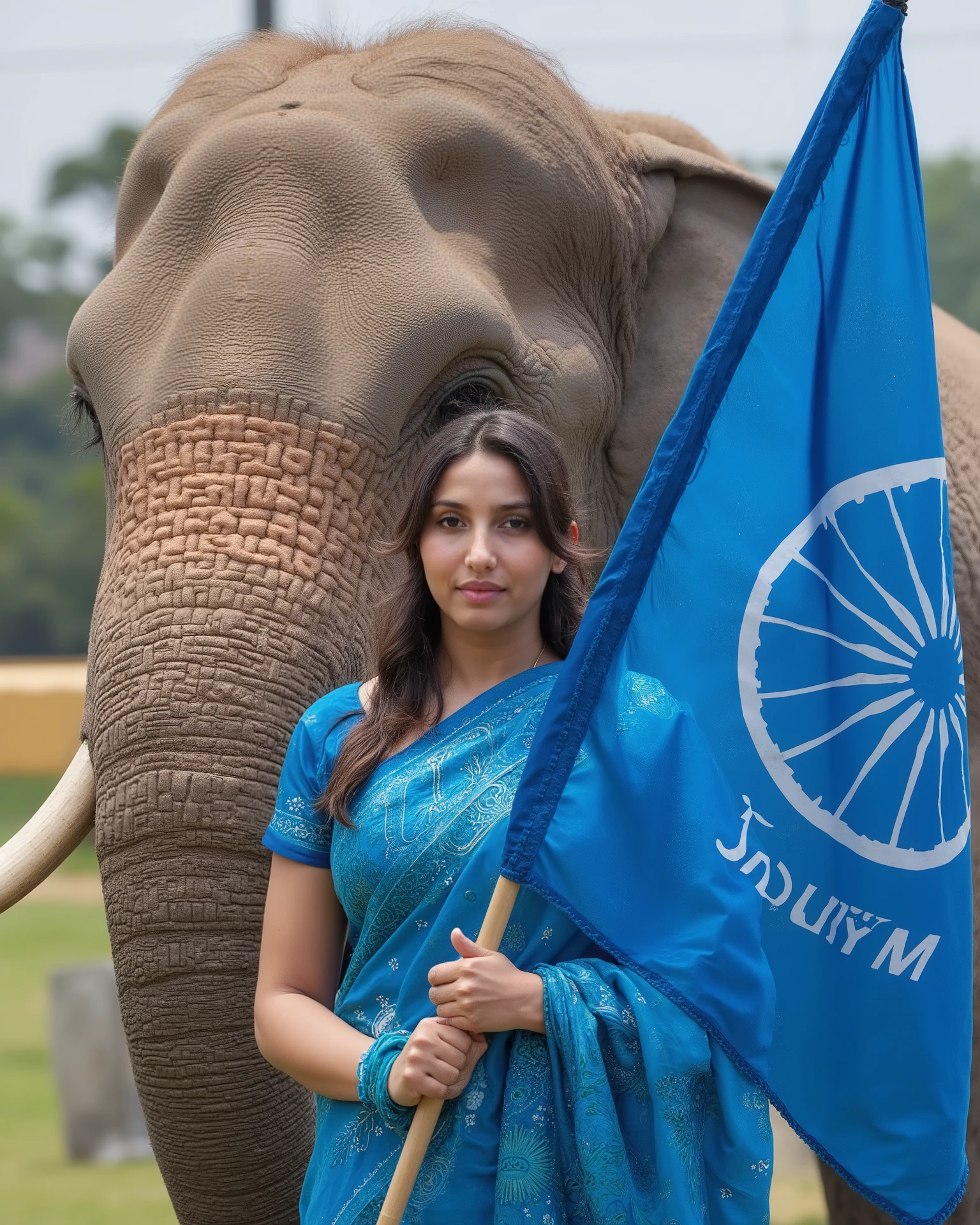 A 23-year-old beautiful girl is standing next to an elephant. She is holding a blue flag in her hand. The flag features a circular design resembling the wheel of a cycle in the center, and below it, the words "JAY BHEEM" are written. The girl is wearing a blue sari, and her presence complements the majestic elephant beside her. The scene reflects a powerful and inspiring moment.