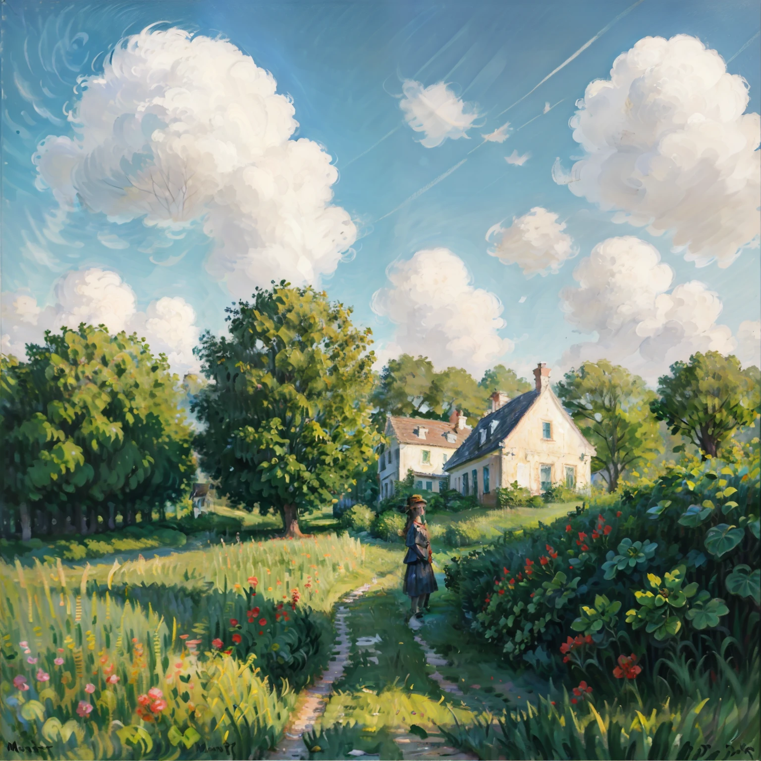 Outdoors,Monet V1 ,scene,1 girl in the field, blue sky,
