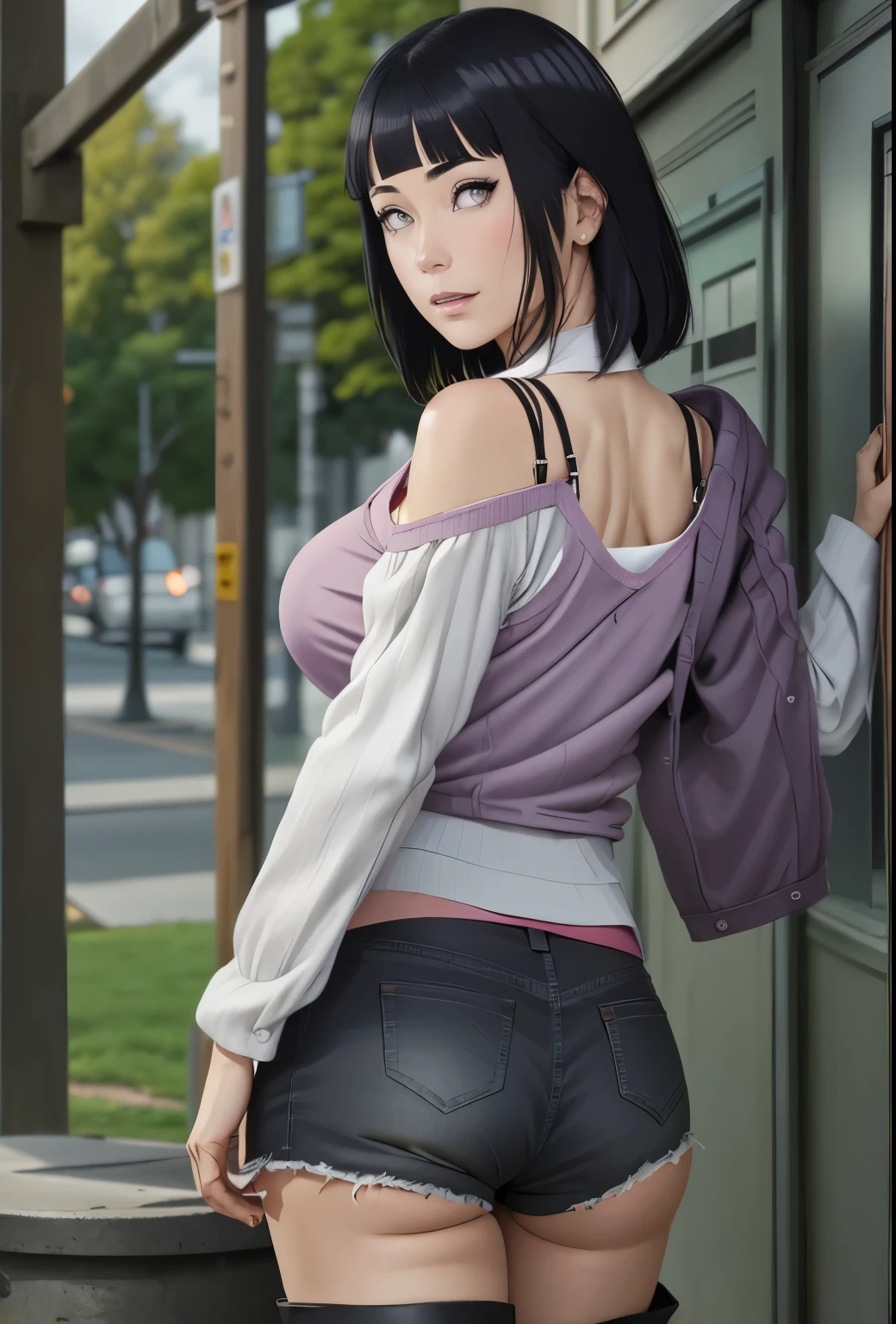 master part, absurdities, Hinata\(boruto\), 1 , alone, mature woman , purple coat, layered sleeves , short brown jeans sexy, outdoor, cloudy sky, perfect composition, circumstantial lips, neckline and large breasts, pretty face, body ratio , Blush, ( pink lips), short black hair ( black hair), lilac eyes, soft appearance, super realistic, circumstantial, photo shoot, realistic face and body, Realistic hair, realistic eyes, realistic nose, realistic lips , brown jeans, animated, Dancing lightly . on your back, with chin under shoulder, looking back sensually, sexy smile, closed mouth. different pose.