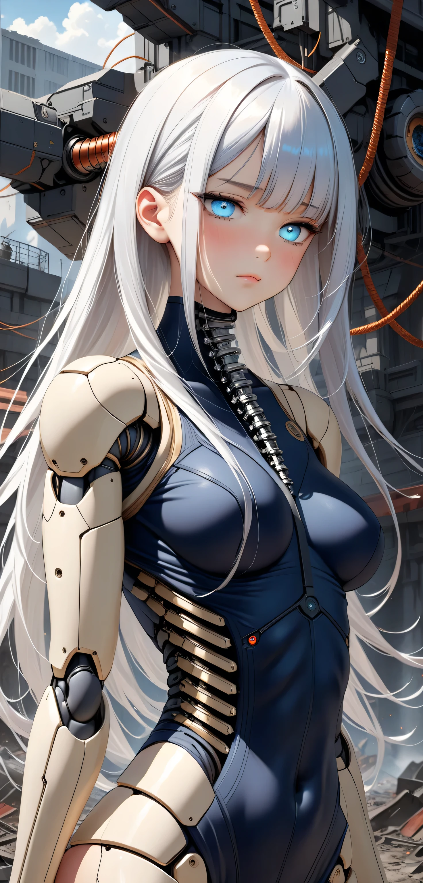 ((Random Sexy pose)), ((Ultra detailing)), (very aesthetic, best quality, ultra detailed), intricate details,
1girl, silver hair, silver eyes,((Detailed eyes)), ((Beautifull eyes)), ((prefect eyes)), long hair, Medium breasts, shy, Licking her lips, Blush, (machine-made joints: 1.4), ((mechanical limb)), ( blood vessels attached to the tube), ((mechanical spine attached to the back)), ((mechanical cervical vertebrae attached to the neck), ((combat stance)), expressionless, (wires and cables attached to the head and body: 1.5), (character focus), science fiction, apocalypse, glow