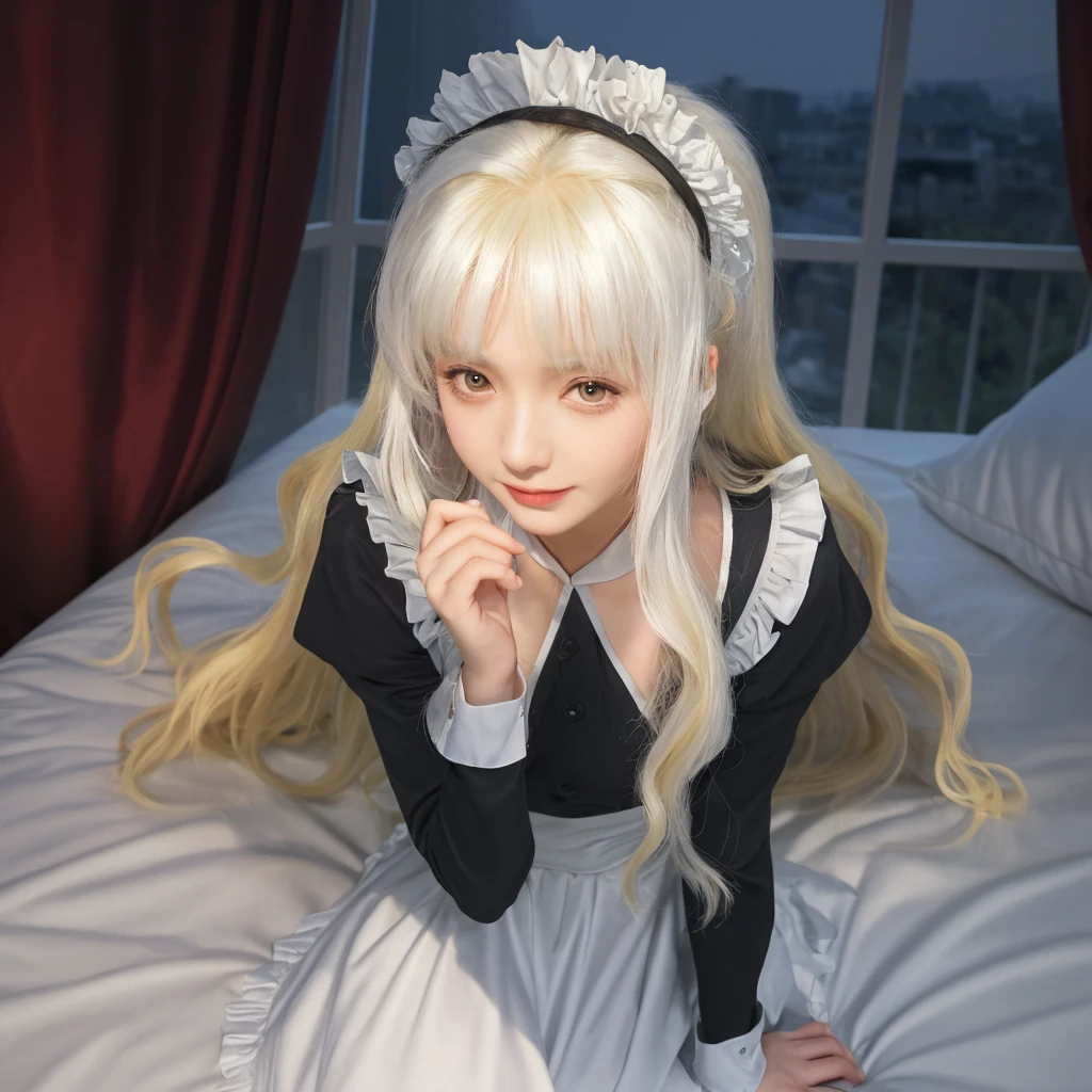 masterpiece,best quality,highres,
(1girl:1.3),medium shot,(white hair),bangs,hair ornament,medium breasts,yellow eyes,(lolita dress:1.3),(white stockings:1.2),(feet focus:1.35),
room background,warm,star sky,night,lights,