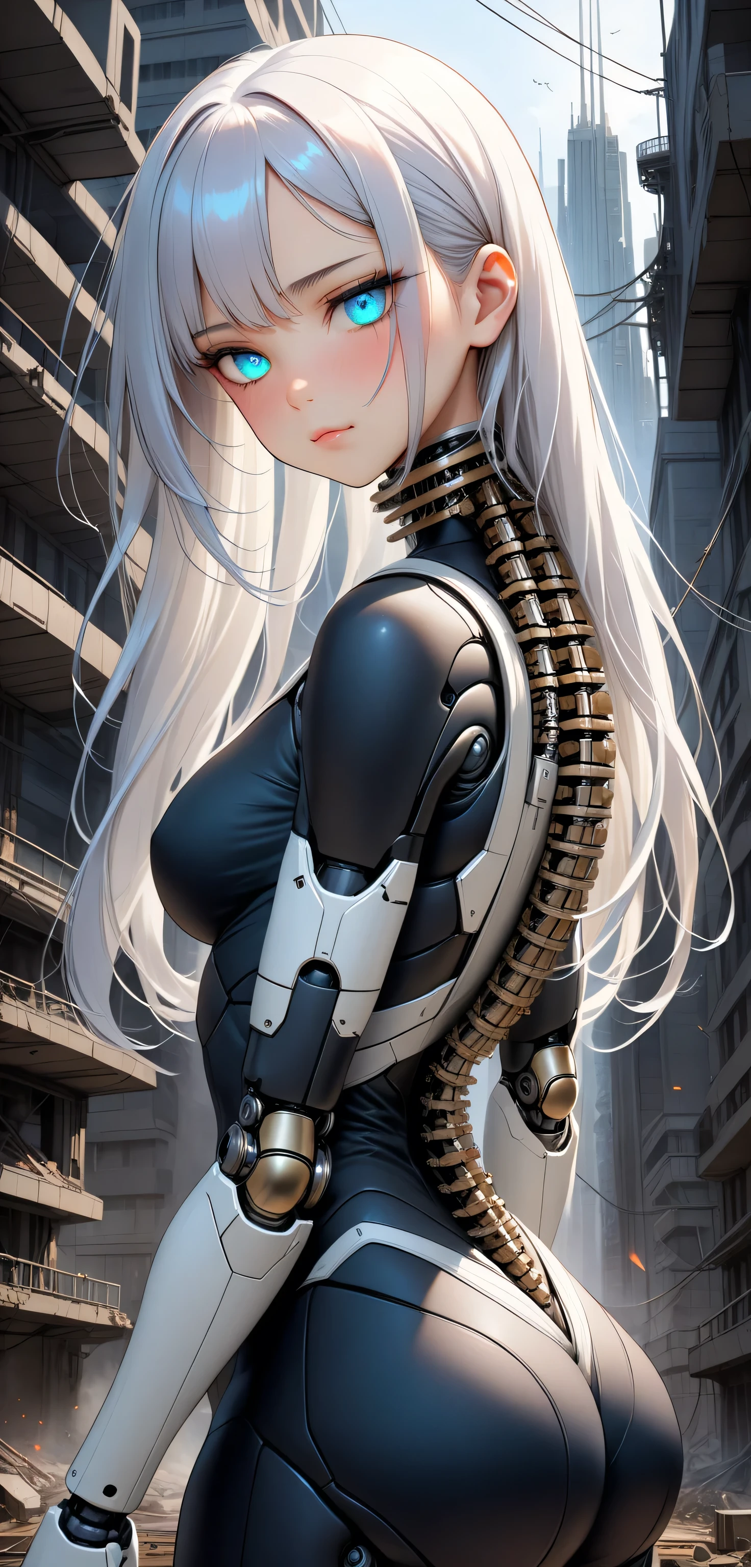 ((Random Sexy pose)), ((Ultra detailing)), (very aesthetic, best quality, ultra detailed), intricate details,
1girl, silver hair, silver eyes,((Detailed eyes)), ((Beautifull eyes)), ((prefect eyes)), long hair, Medium breasts, shy, Licking her lips, Blush, (machine-made joints: 1.4), ((mechanical limb)), ( blood vessels attached to the tube), ((mechanical spine attached to the back)), ((mechanical cervical vertebrae attached to the neck), ((combat stance)), expressionless, (wires and cables attached to the head and body: 1.5), (character focus), science fiction, apocalypse, glow