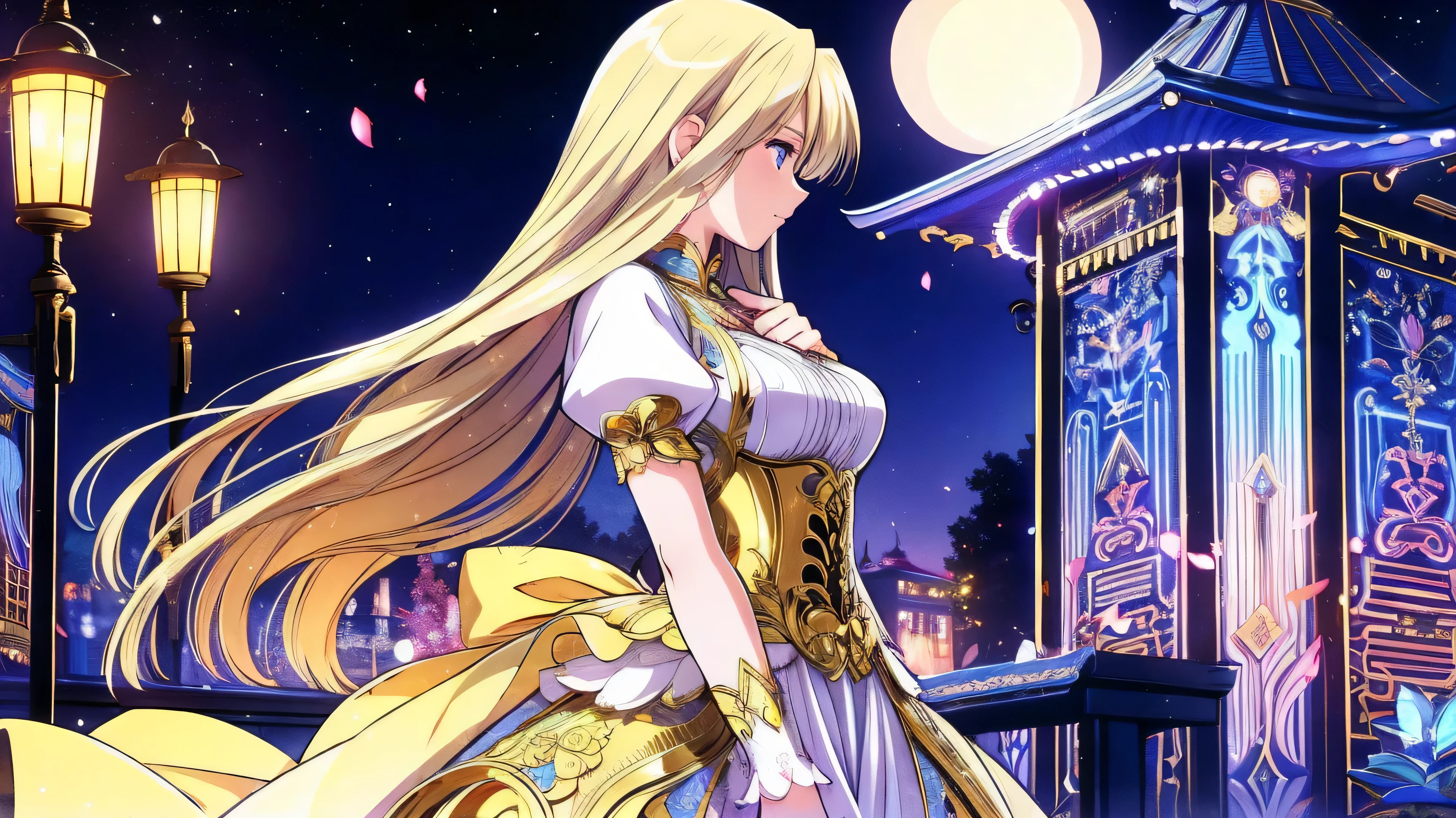 standing on a terrace with the night sky in the background 、 A goddess with a beautiful Libra motif 。 She wears a cream dress with gold decorations、 A metal corset shining on her chest 。Her long blond hair flows in the wind 、 staring forward with a graceful expression 。She has a golden balance in one hand 、 The full moon and lantern lights shine fantastically in the background 。 has a mysterious and noble atmosphere 。theme:Night at the museum/Magical Night at the Museum / Night at the museum