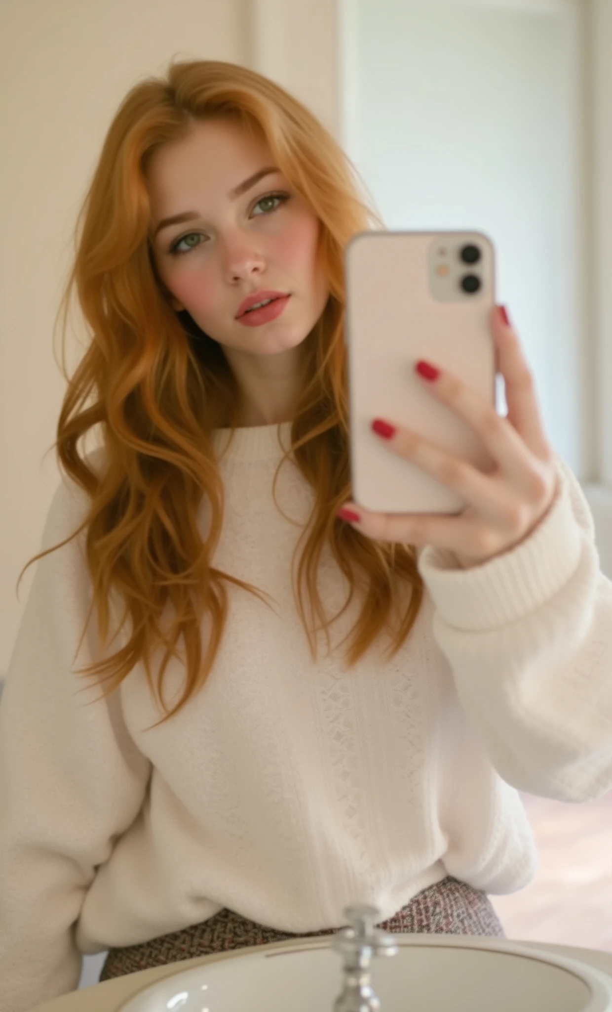girl taking a selfie in the mirror, redhead, 18 years old, jaw-dropping beauty, young and cute girl, detailed facial features, beautiful eyes, high quality, photorealistic, cinematic lighting, 8k, detailed skin, masterpiece, pretty