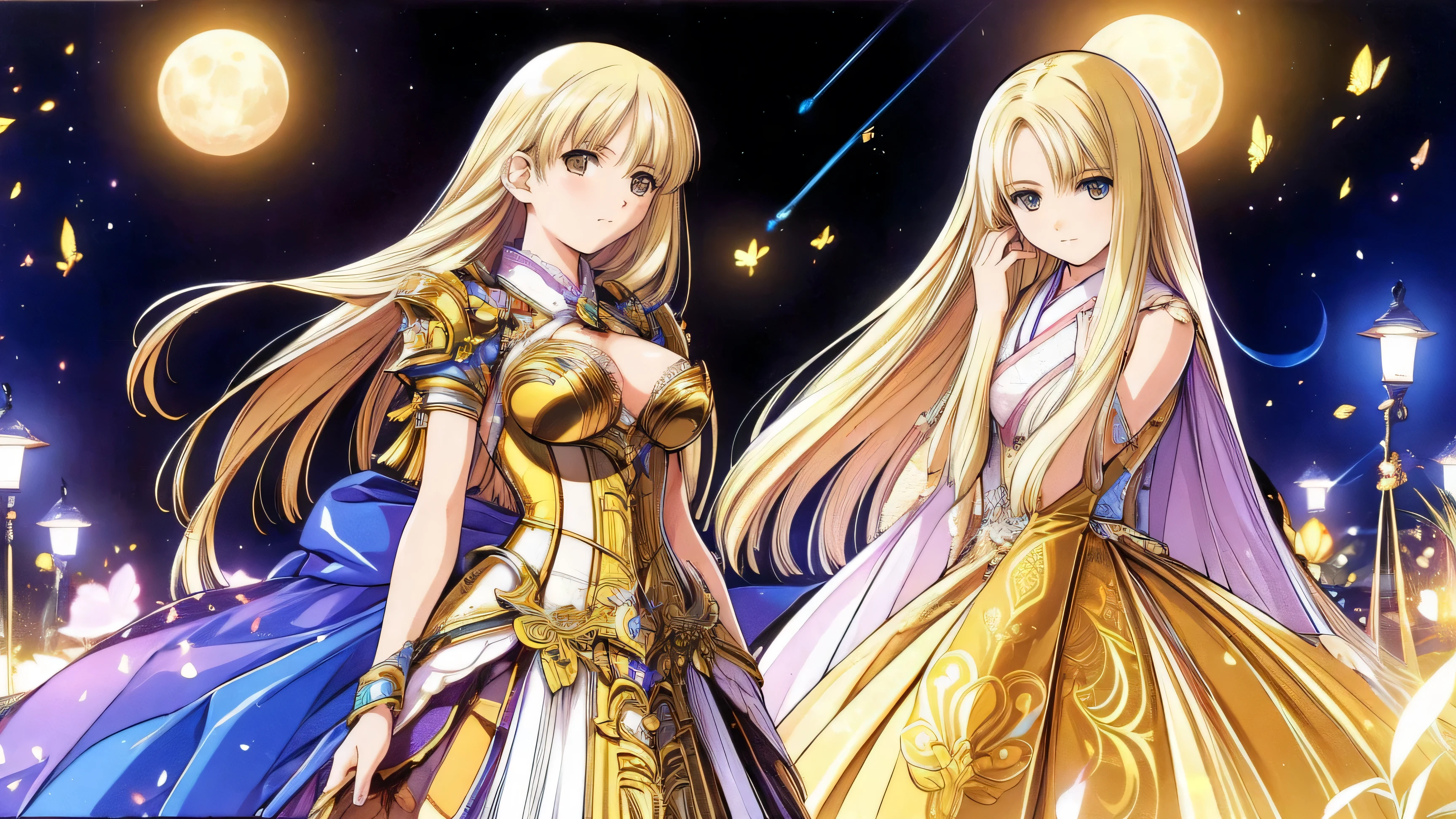 Standing on a terrace against the night sky, the goddess is based on the beautiful constellation of Libra as Japanese pretty girl. She wears a cream-colored dress with golden ornaments and a metal corset shining on her chest. Her long blonde hair flows in the wind, and she gazes forward with a graceful expression. In one hand, she holds a golden balance, and in the background, a full moon and the light of a lantern shine fantastically. The atmosphere is mysterious and noble.