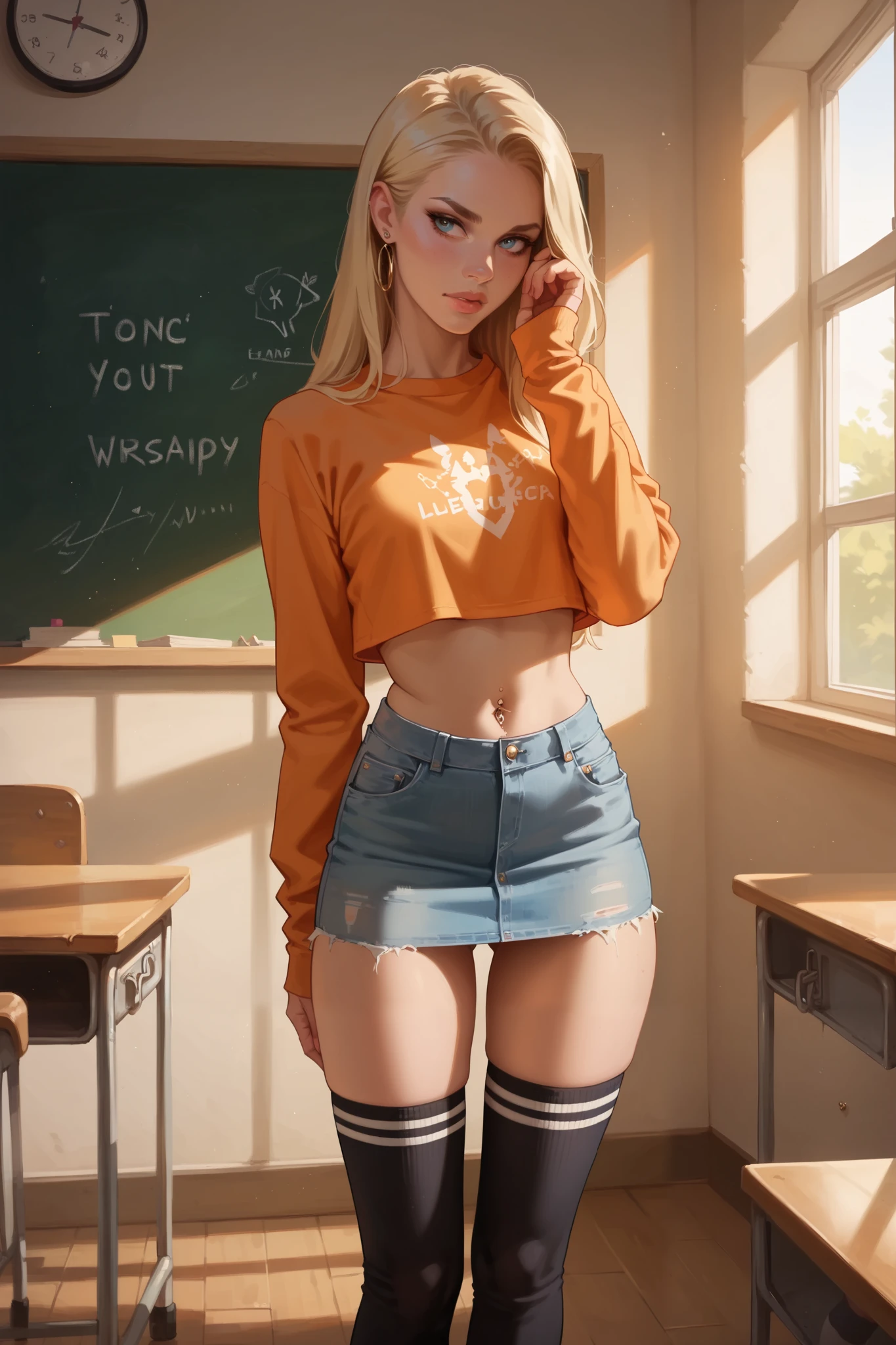 score_9, score_8_up, score_7_up, 1 girl, blond hair, wearing a cropped denim skirt, long sleeves crop top, thigh-high socks,  navel piercing, standing in a classroom 