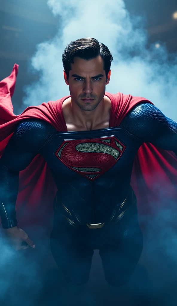 Superman doing superhero landing while shooting red lasers out of eyes ,in a scenario with destruction ,, Standard scenario , images without deformities , best overall quality , masterpiece