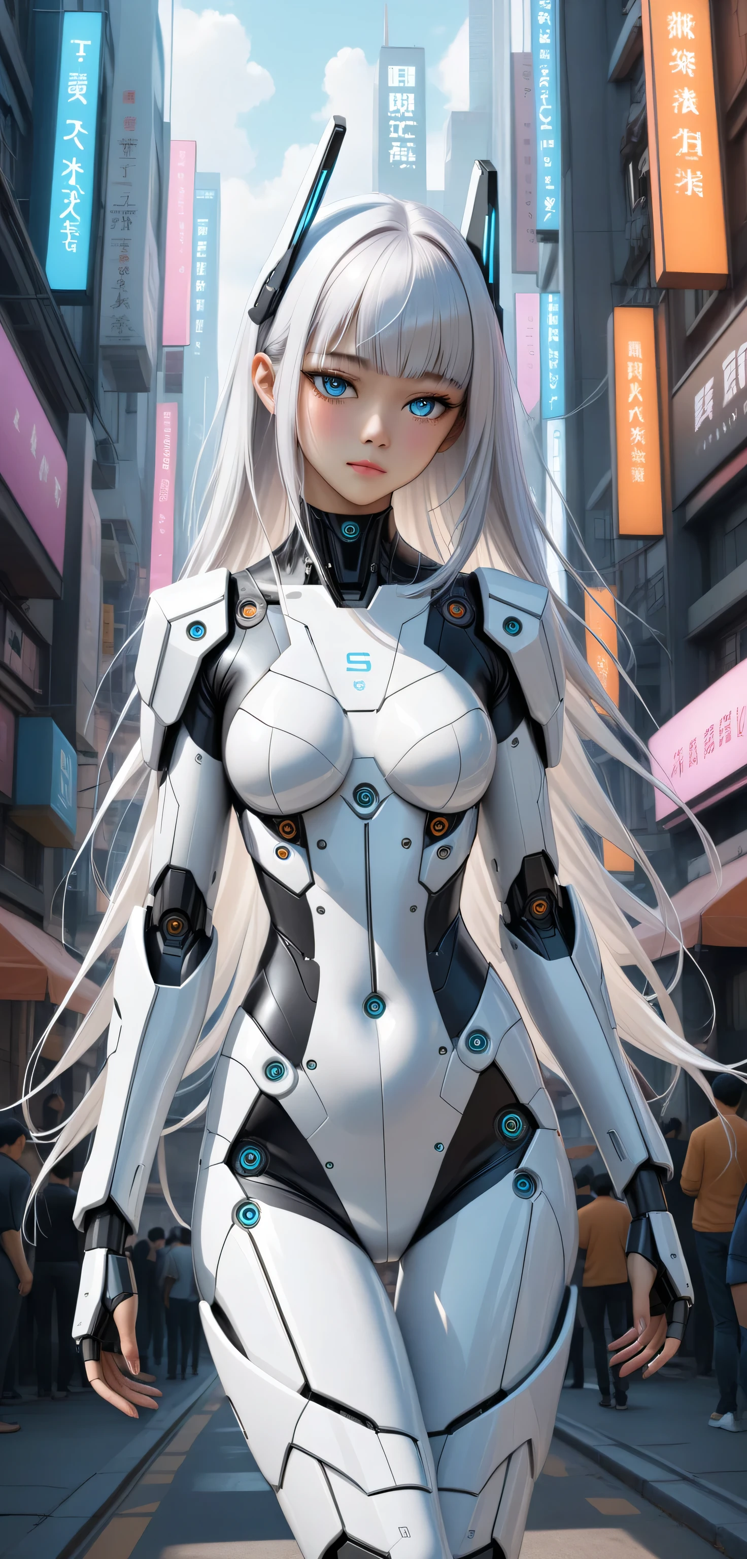 ((Random Sexy pose)), ((Ultra detailing)), (very aesthetic, best quality, ultra detailed), intricate details,
1girl, silver hair, silver eyes,((Detailed eyes)), ((Beautifull eyes)), ((prefect eyes)), long hair, Medium breasts, shy, Licking her lips, Blush, (beautiful girl cyborg cyberpunk carry a fantasy weapon in the cyberpunk city background, wide angel, white hair, white and orange and black machine suit color combination, the body full of machine, realistic futuristic hologram, asian skin tone, beautiful eye, beautiful asian face, cyber ear machine, suits is solid mecha, realistic machine