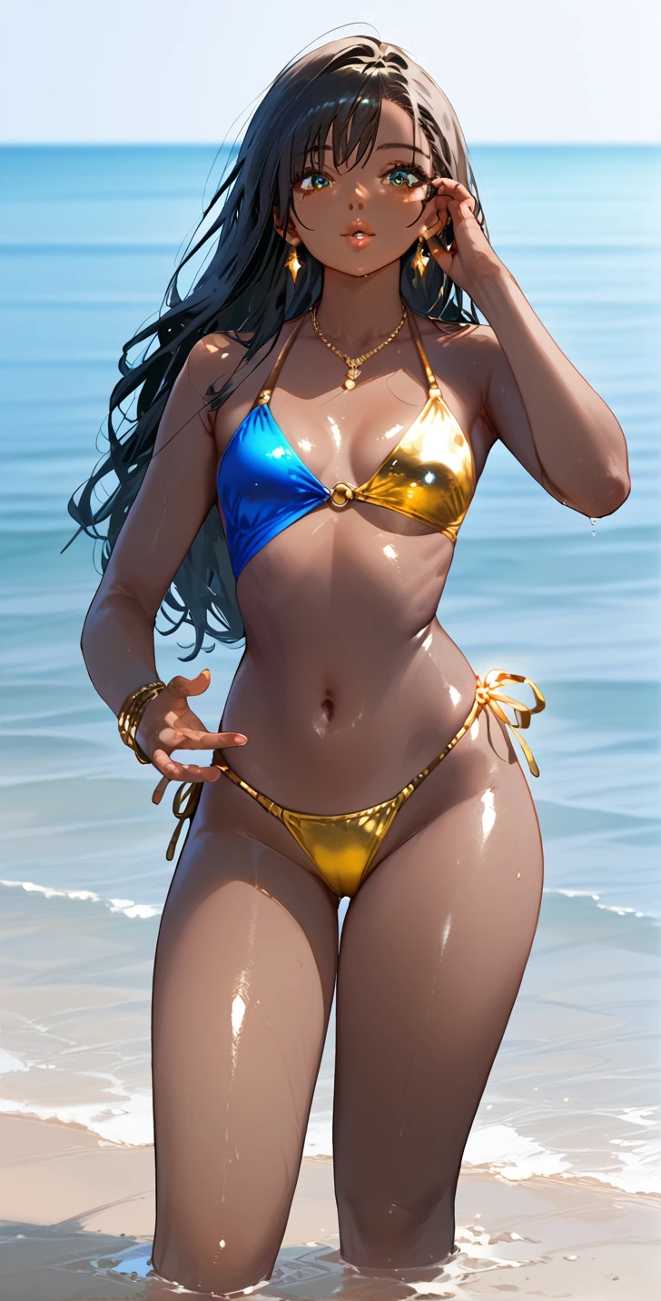 Lum, 8k, realistic, (big blue eyes:1.3), extremely attractive, very detailed, a 20 year old girl in swimsuit, superhero theme, 20 years old, full body, ray traced image of Arthur Pan, trending on Artstation, Digital art, psylocke, red and cinematic lights, dramatic shadows and beautiful vibrant colors, The color captures the scene, Romantic Art Style, Intricately detailed woman, leather bikini, tiger striped bikini, view from the side, perfect ass, full body, ((slender body)), beach scenery