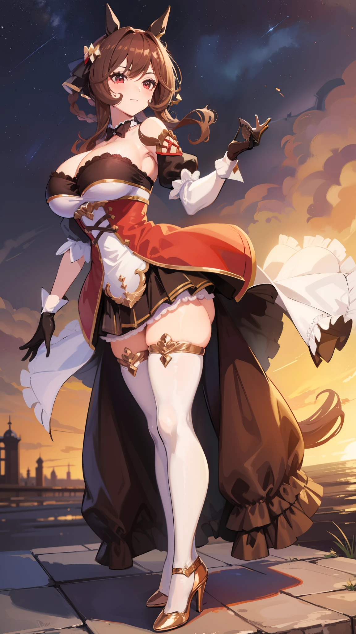 A woman in a very glamorous costume in a digital painting, white thigh,dress,skirt,wearing high heels, 1 girl, Alone, animal ears , Horse Girl, brown hair, horse Tail, gloves, thigh-length socks, high heels,Curvy