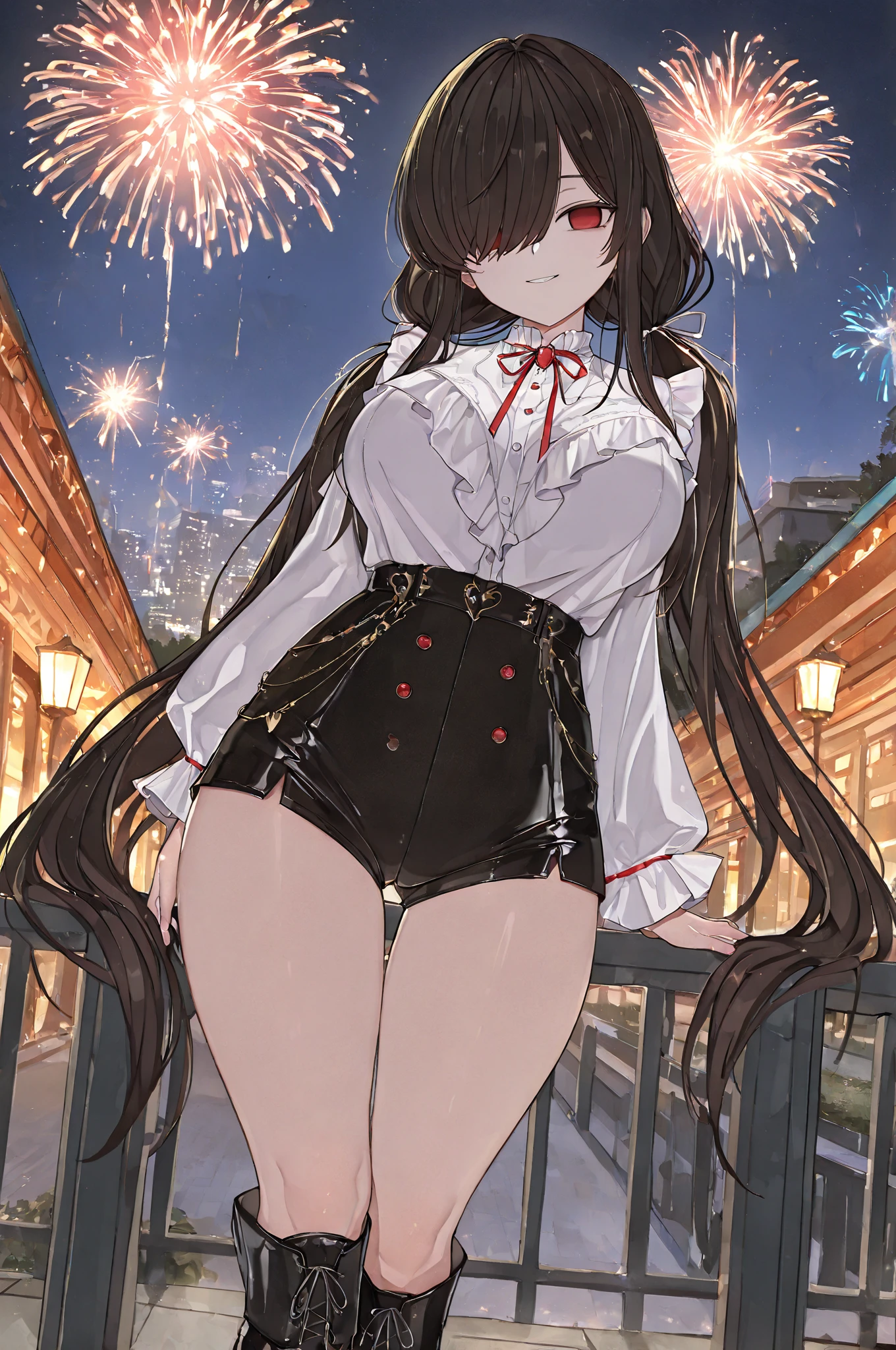 best quality, masterpiece, highres, solo, {ooyodo_kantaicollection:1.15}, black_hair, long_hair, glasses, hairband, semi-rimless_eyewear, under-rim_eyewear, blue_eyes, green_eyes, small_breasts, 1girl, looking_at_viewer, necktie, harbor_background, red_necktie,angry,smile,Proudly,(bunny_suits:1.5),bunny_ears,thighs,fishnet_pantyhose,cuffs,