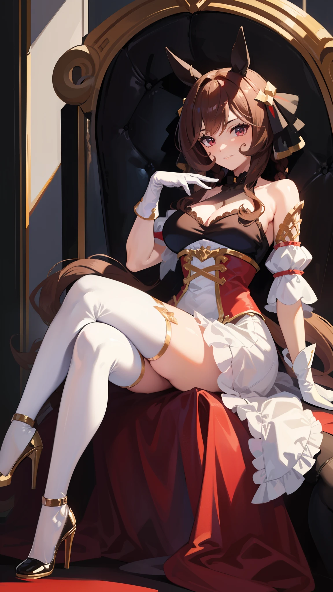 A woman in a very glamorous costume in a digital painting, white thigh,dress,skirt,wearing high heels, 1 girl, Alone, animal ears , Horse Girl, brown hair, horse Tail, gloves, thigh-length socks, high heels,Curvy,sitting on throne