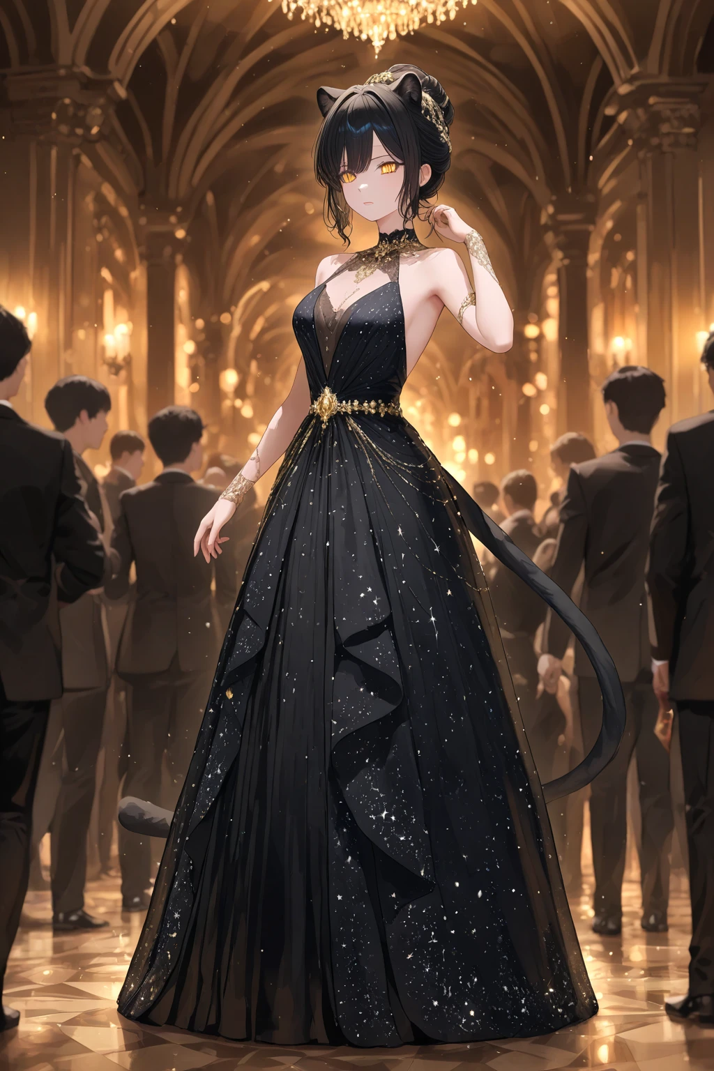 Wonder Woman (Gal gadot age 30) in a lovely sheer evening dress, looking adorably insecure and awkward as she approaches Bruce Wayne, fancy gala