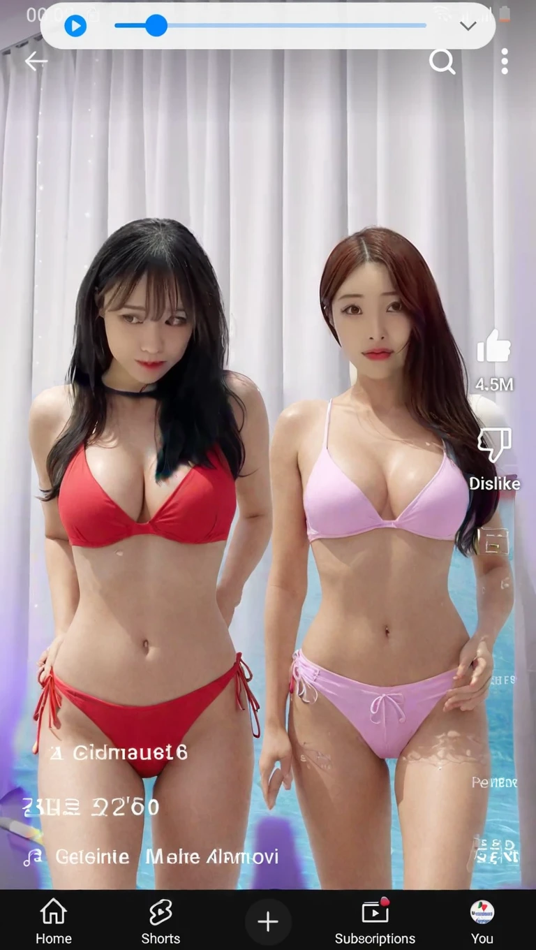 (masterpiece, realistic, High resolution:1.3), (big breasts:1.3), 2 people, 18-year-old, Beauty, Idols, color々different kinds of thrilling shot swimsuits, smile, greeting the audience, On a gorgeous stage, indoor stage
