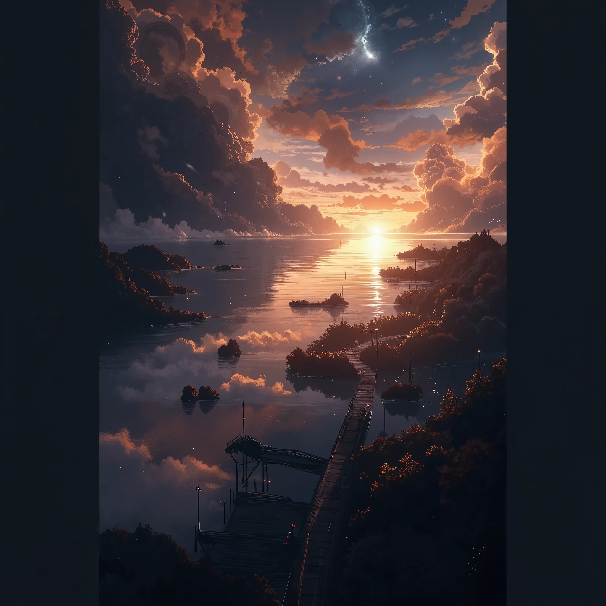 A cross-sea bridge under the sunset, the sea is sparkling, white clouds are floating across the sky, and the reefs are looming. Every detail is carefully depicted, high-definition quality, Makoto Shinkai style, Japanese anime style. --ar 9:16
Get a mobile wallpaper of anime scenes