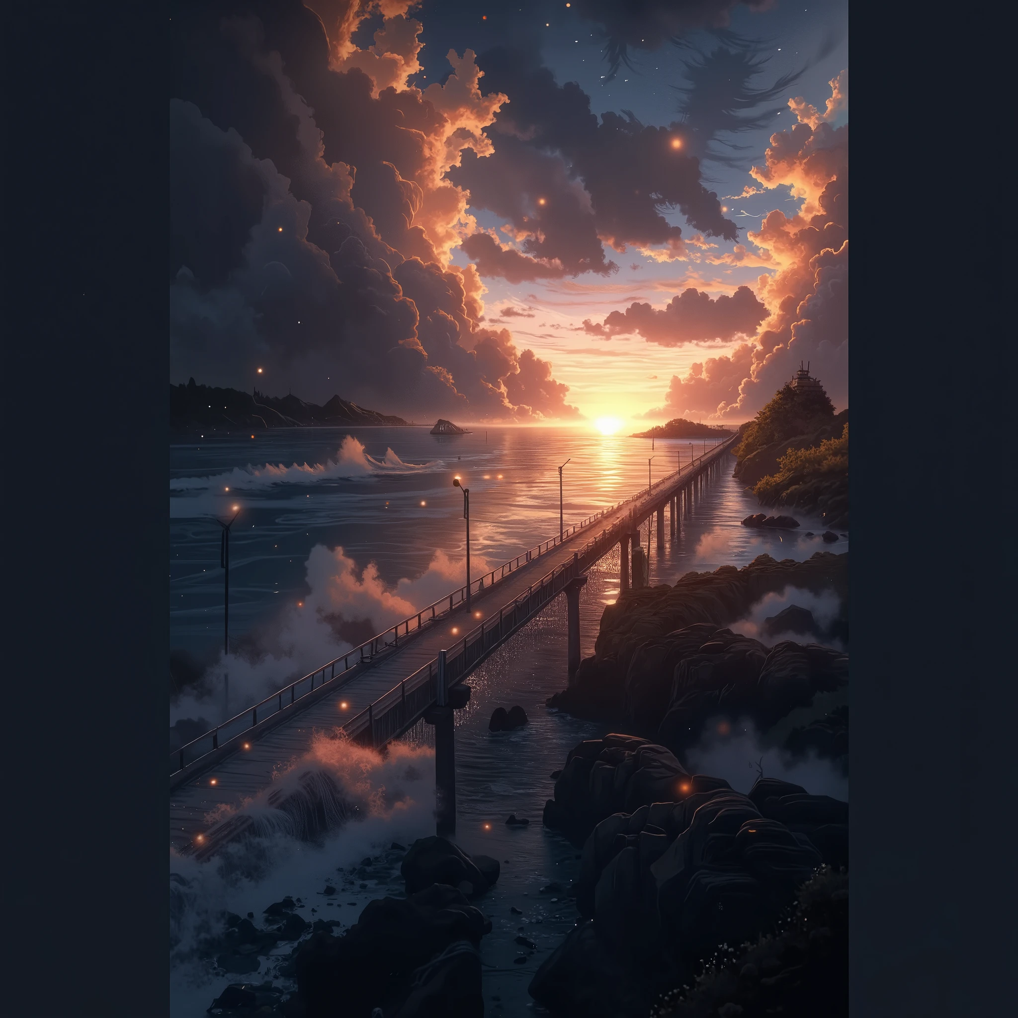 A cross-sea bridge under the sunset, the sea is sparkling, white clouds are floating across the sky, and the reefs are looming. Every detail is carefully depicted, high-definition quality, Makoto Shinkai style, Japanese anime style. --ar 9:16
Get a mobile wallpaper of anime scenes