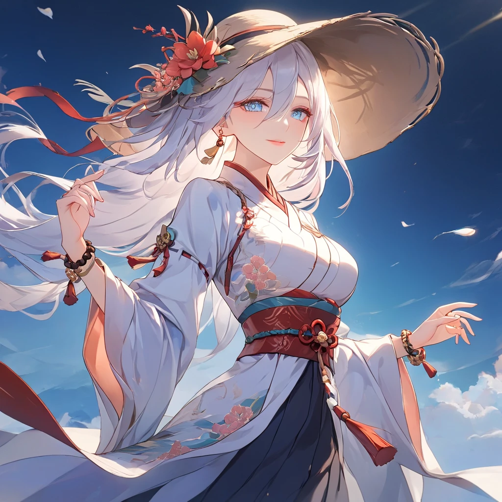 a beautiful girl wearing a flowy blouse with bell sleeves, delicate embroidery, a long skirt with a floral pattern, sandals, a wide-brimmed hat, layered bracelets, chunky rings, detailed facial features, gorgeous eyes, luscious lips, warm lighting, natural setting, muted colors, highly detailed, 8k, masterpiece, concept art style, shenhe, blue eyes, braided ponytail, earrings, eyelashes, eyeliner, eyes visible through hair, eyeshadow, hair between eyes, makeup, red eyeshadow, sidelocks, single earring, symbol-shaped pupils, tassel, tassel earrings, white hair, long hair, , 1women ,4k, 8k, uhd, hdr, detailed background,mature female, dynamic pose, full body, ,skin pores, score_9, score_8_up, score_7_up, (sfw), (cowboy shot, dutch angle:1.2), 1girl, solo, mature female, whole body shot ,1girl, solo, mature female, smiling,1girl, solo, mature female, big breasts, dynamic angle, (negative_v2 Color_Balance_Calibration:0.8), negativeXL_D, aidxlv05_neg, Stable_Yogis_Animetoon_Negatives, Stable_Yogis_Animetoon_Negatives-neg, AissistXLv2
