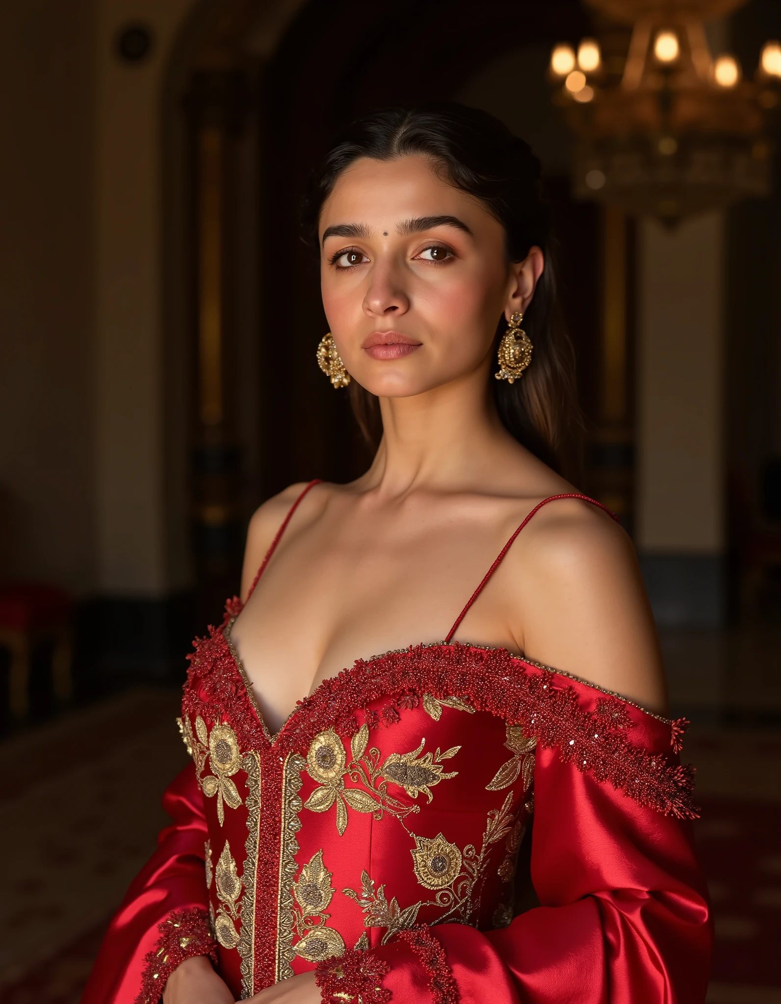 realistic photo of Alia Bhatt, Huge Breasts, seductive pose, beauty lady, (hot), masutepiece, High quality, UHD 32K, Realistic face, Realistic skin feeling, 1 matured lady, FLAT CHEST, (Day time at Palace), look In front at the camera and sadness, DARK BROWN FLUORESCENT LIPS, brown hair, blue colour bright eyes, Floral Pattern, wearing red and gold colour Game of thrones outfit, light room background ,game of thrones universe