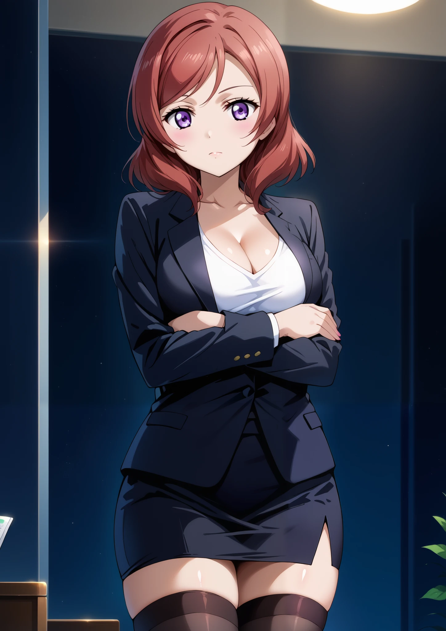 score_9, score_8_up, score_7_up, source_anime, 4K,perfect fingers,(perfect hands, perfect anatomy),prefect lighting, very aesthetic, intricate details,highly detailed background, masterpiece, high quality, best quality,
makinishikino, maki nishikino, short hair, purple eyes, red hair,large breast,
Wearing ((office lady,black suit jacket,white t-shirt ,cleavage,black pencil Skirt,thighhighs, )),
(cowboy shot), arms under breasts,covering breasts,