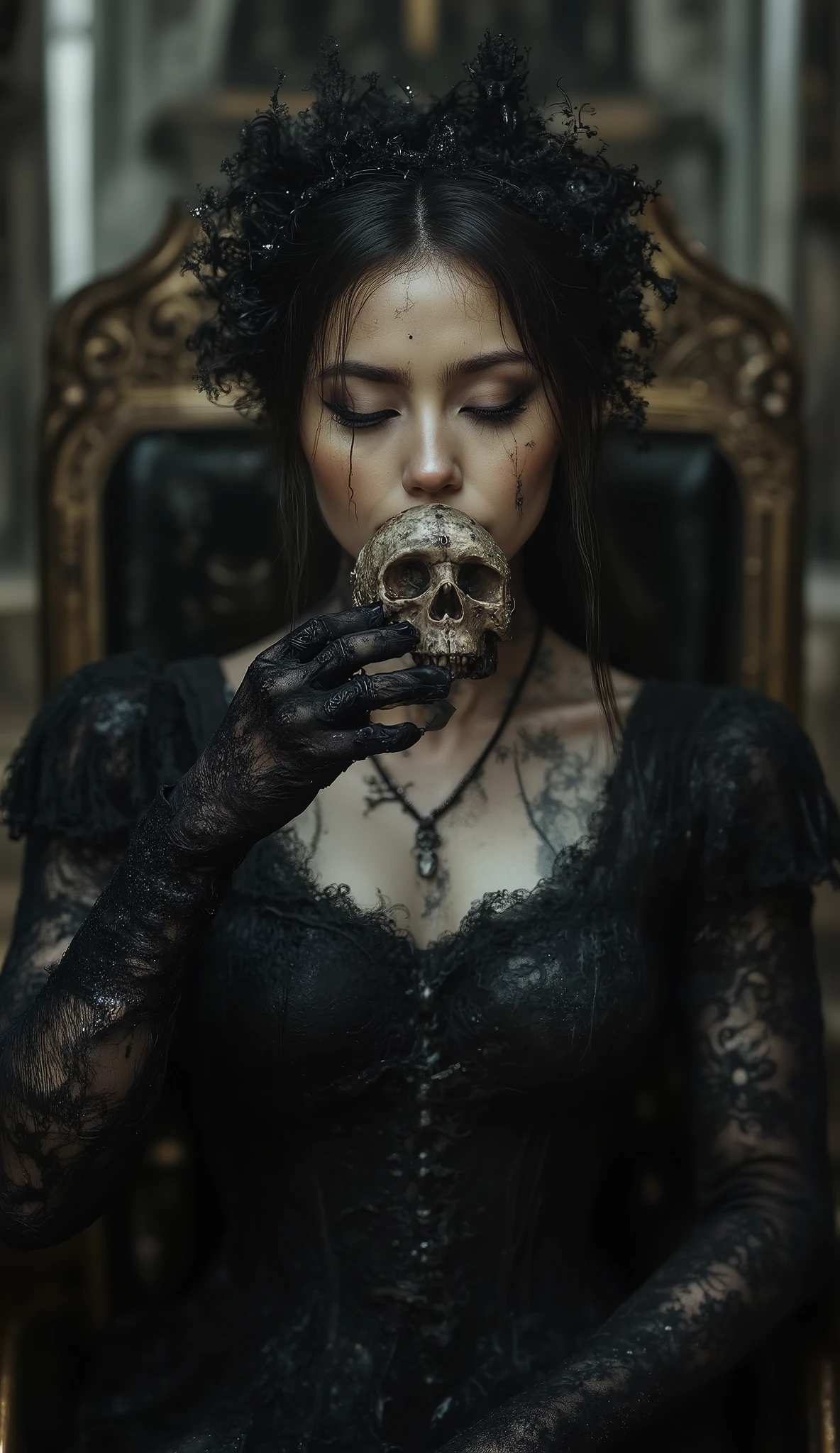 Love Beyond Time, High Quality, Gothic Horror, One Girl, Solo, Beautiful Woman, Queen of the Night, Dark Empress, Long Black Hair, Long Eyelashes, Closed Eyes, Narrow Face, Mole Under Eye, Moist Lips, Slim Body, Medieval European Black Dress, High Neck, Choker, Long Sleeves, Lace Gloves, High Heels, Black veil, empty hall, sitting on throne, kissing skull in hand, close-up of skull and woman's face,